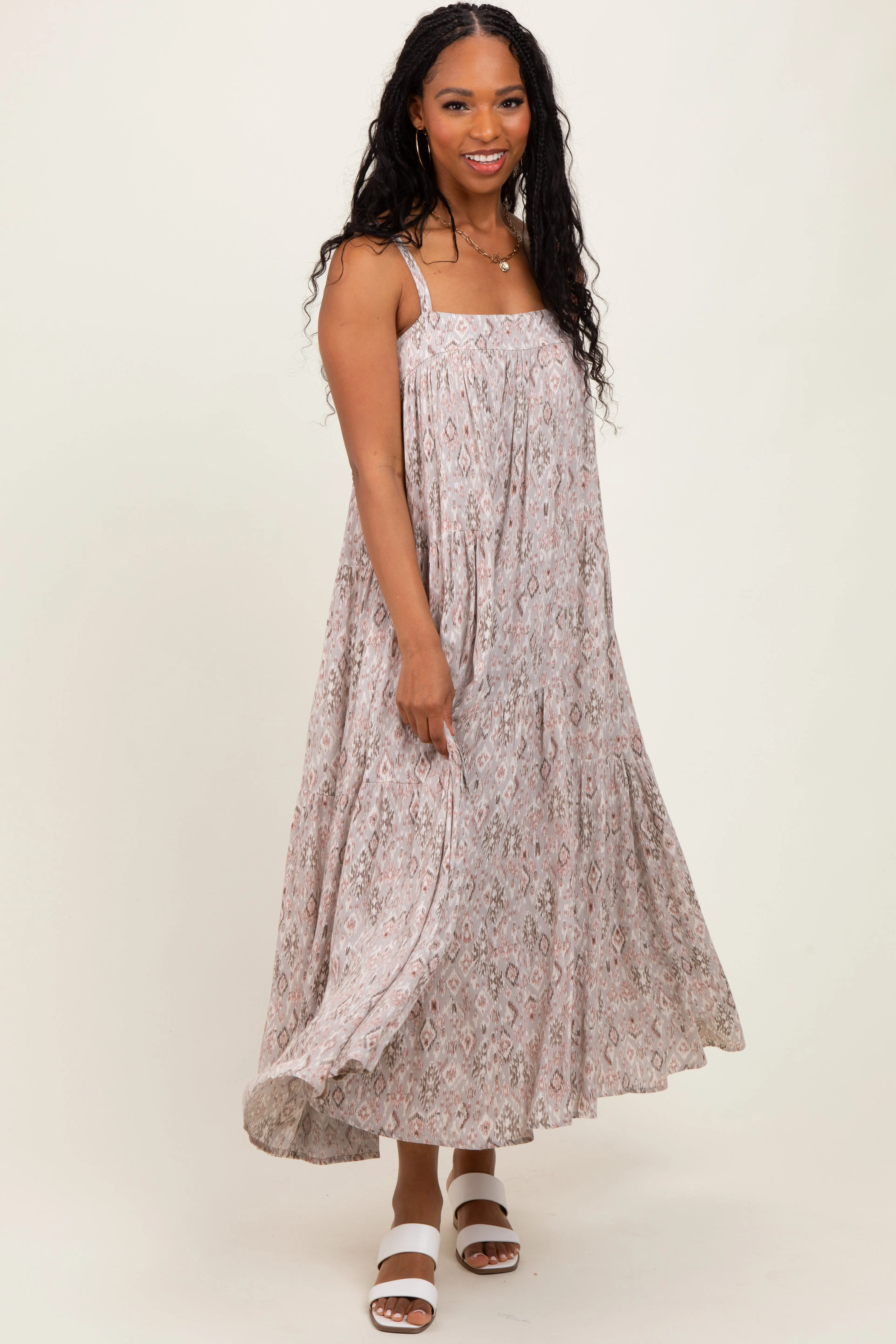 Grey Aztec Tiered Sleeveless Maxi Dress sold by Pinkblush product image thumbnail 2