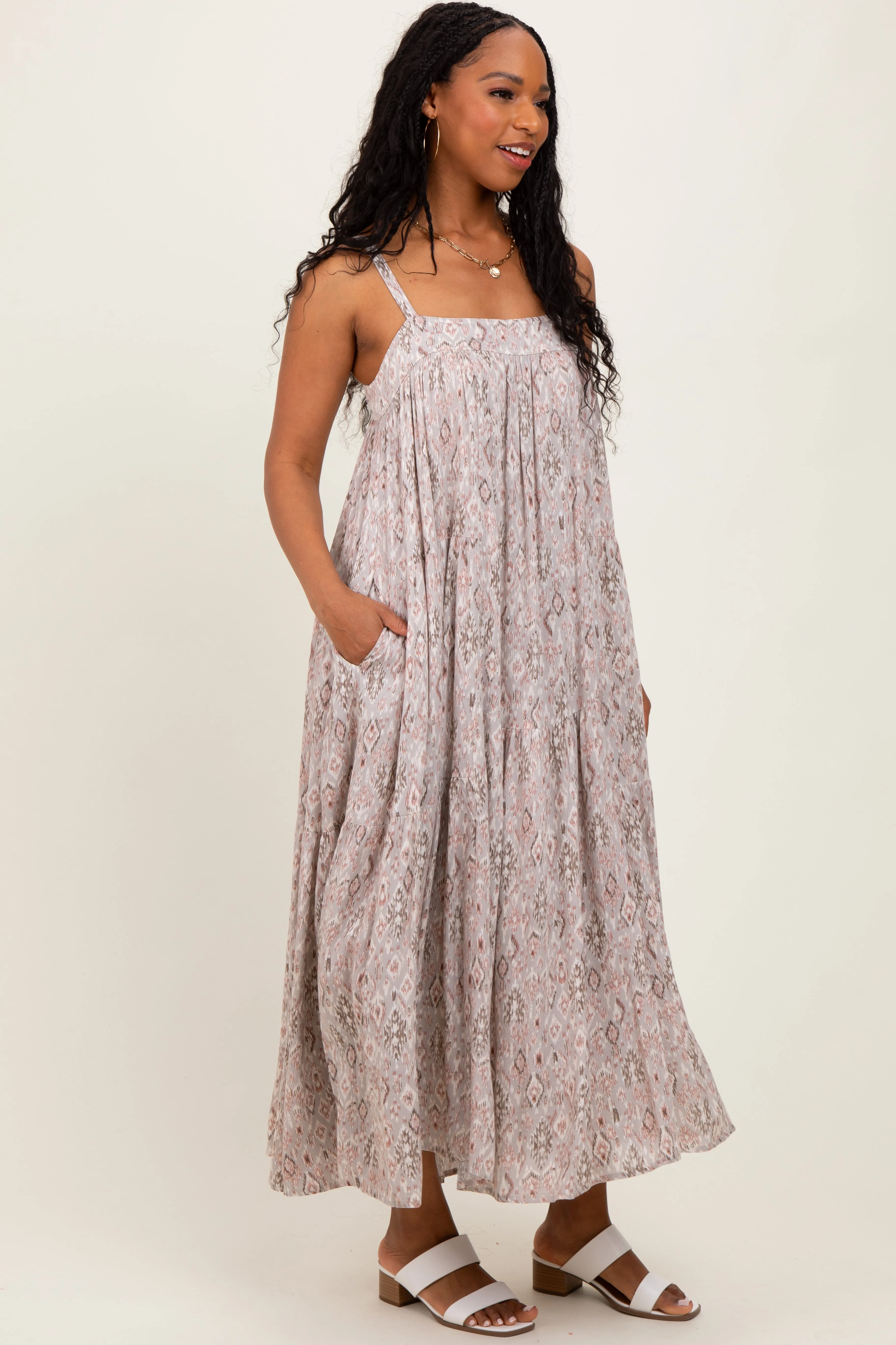 Grey Aztec Tiered Sleeveless Maxi Dress sold by Pinkblush product image thumbnail 3