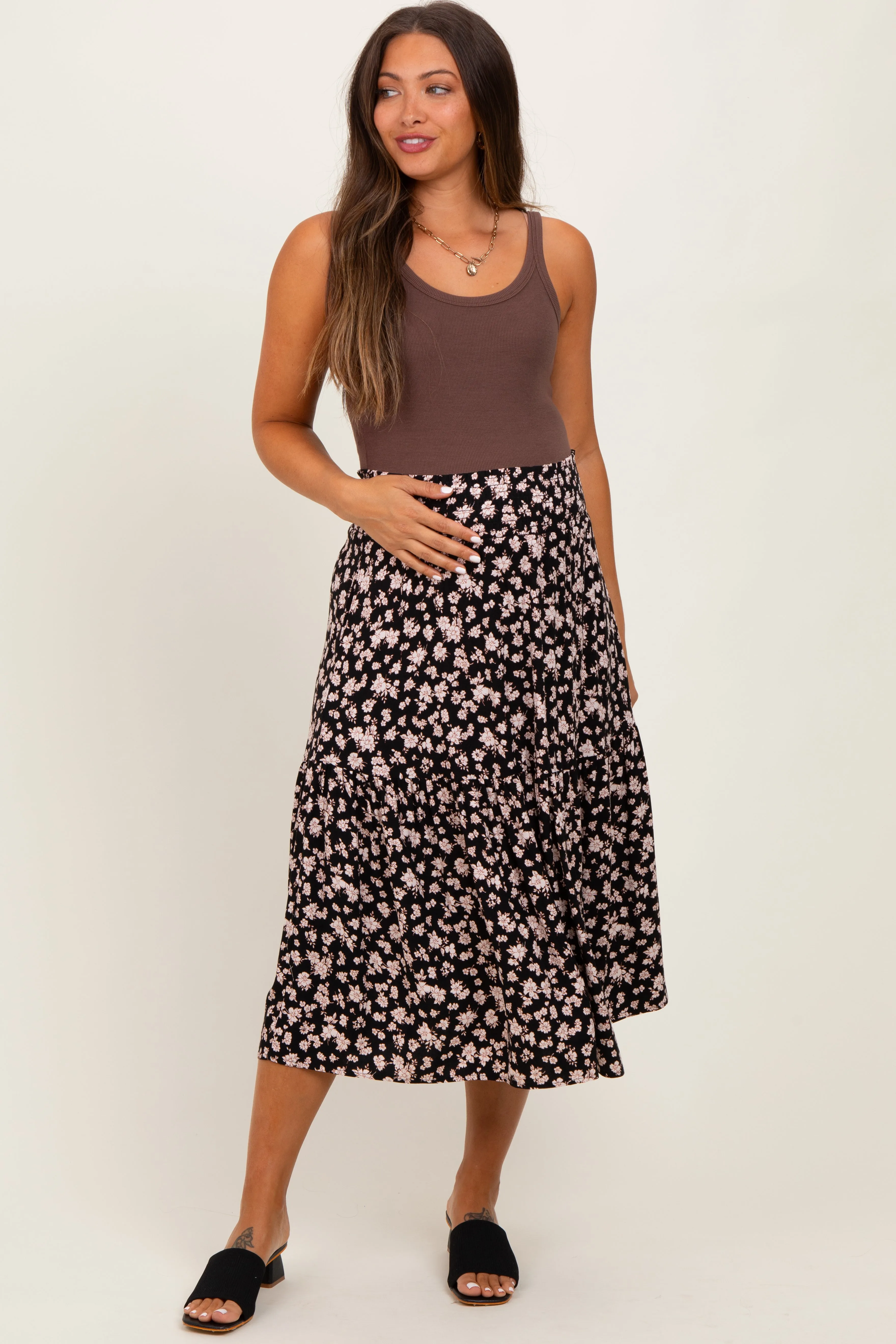 Black Floral Tiered Maternity Midi Skirt sold by Pinkblush