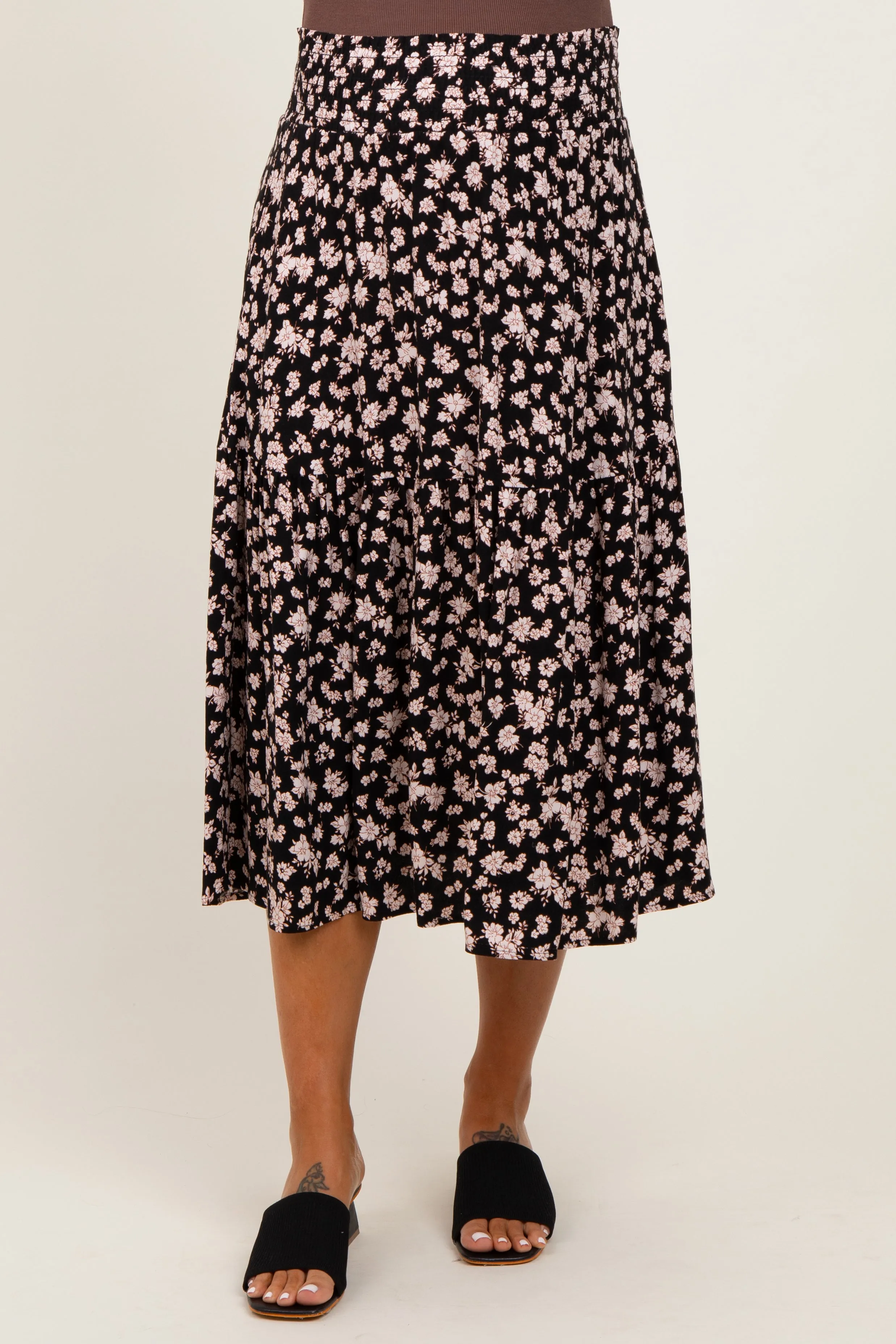 Black Floral Tiered Maternity Midi Skirt sold by Pinkblush product image thumbnail 2