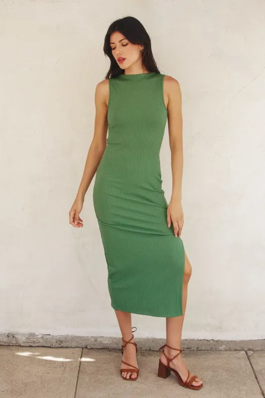 Green Mock Neck Side Slit Midi Dress sold by Pinkblush