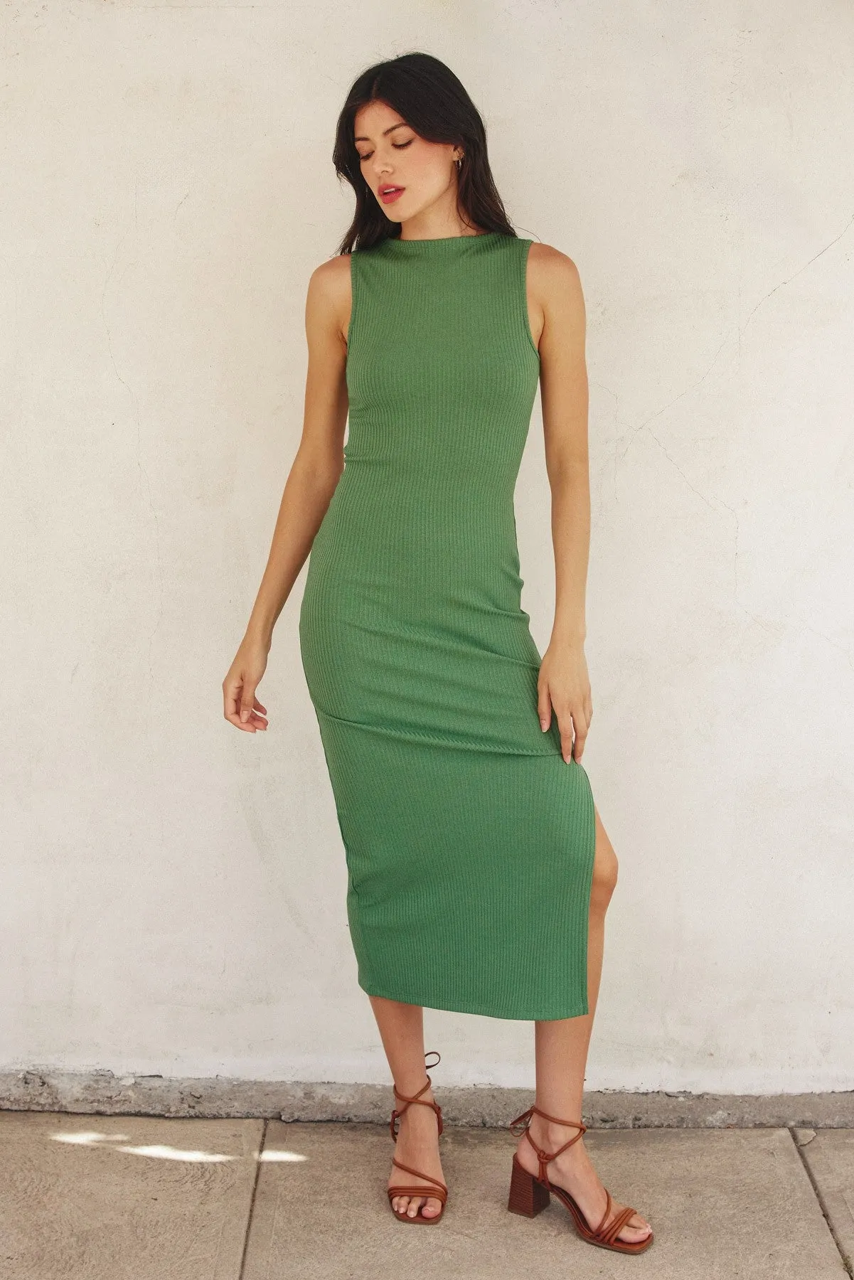 Green Mock Neck Side Slit Midi Dress sold by Pinkblush