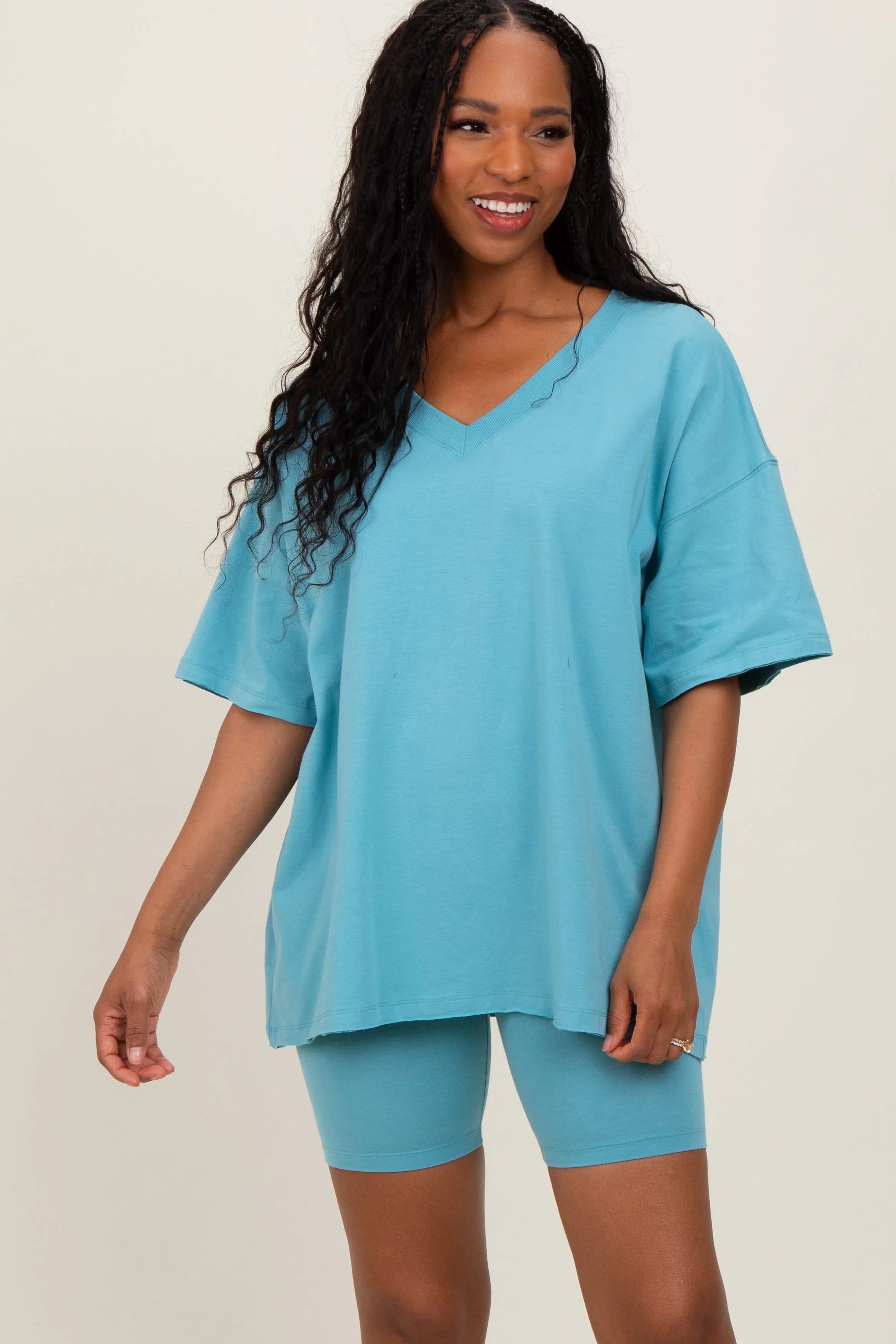 Light Blue Oversized V-Neck Biker Short Set sold by Pinkblush