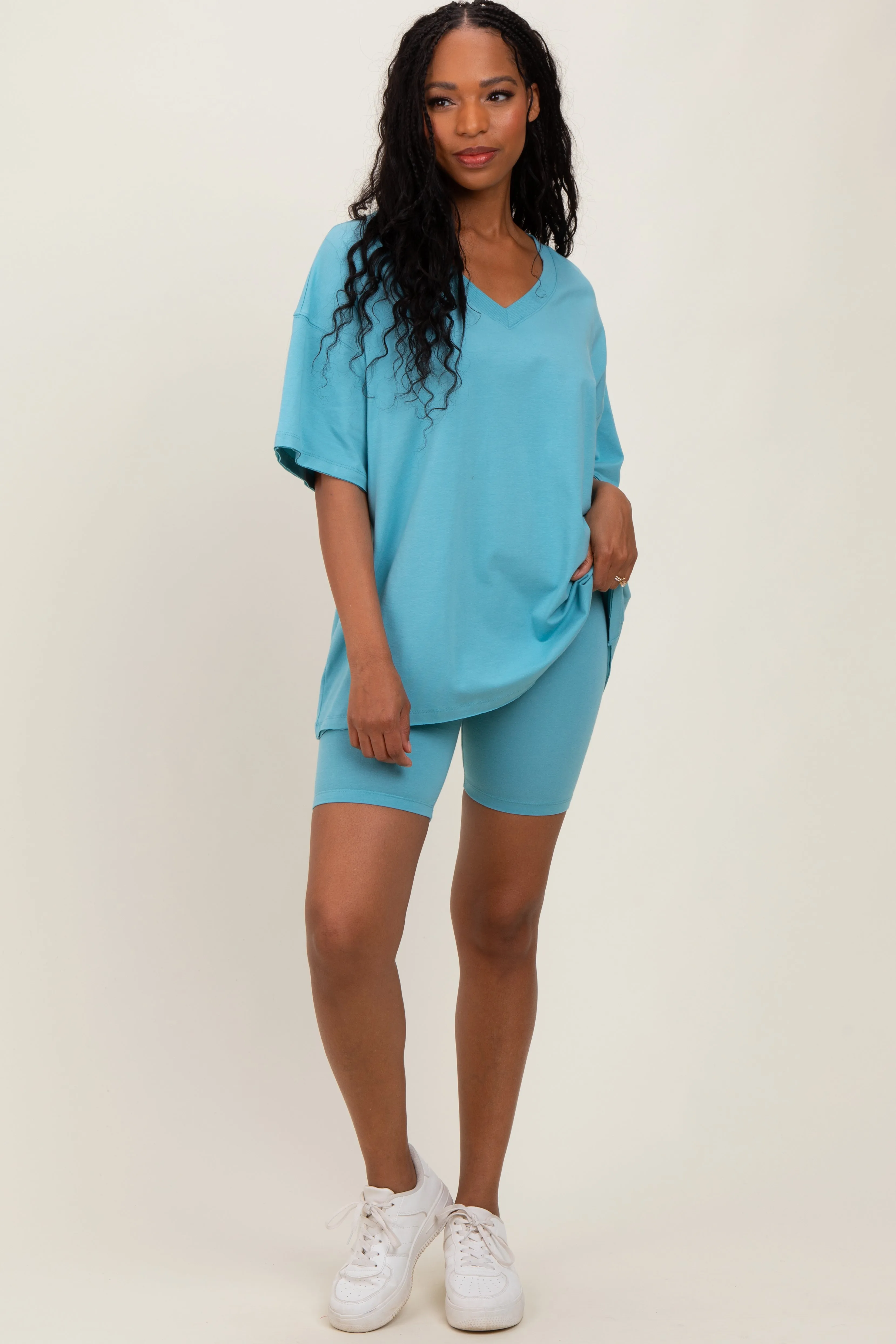 Light Blue Oversized V-Neck Biker Short Set sold by Pinkblush product image thumbnail 2