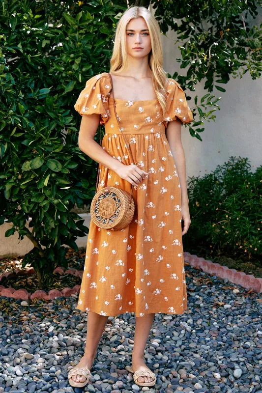 Orange Embroidered Floral Puff Sleeve Midi Dress sold by Pinkblush