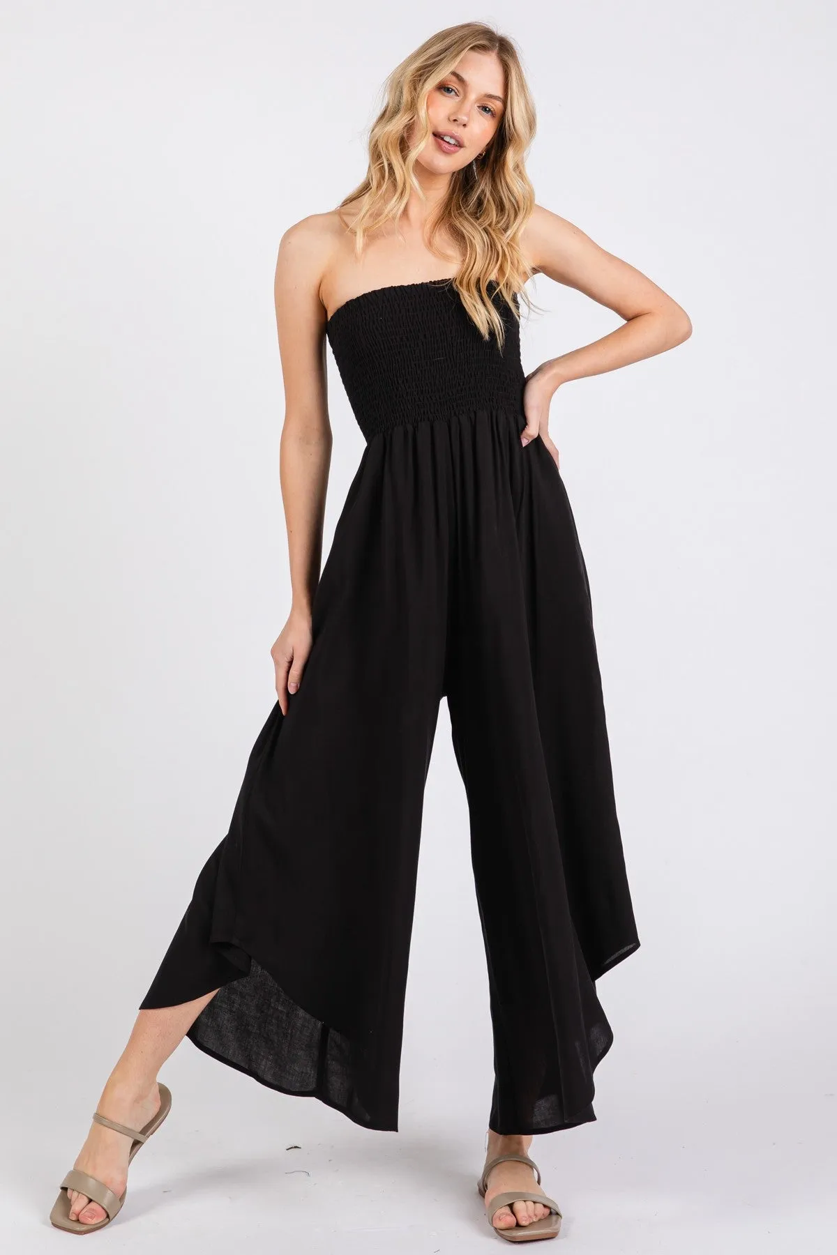 Black Strapless Smocked Tulip Leg Maternity Jumpsuit sold by Pinkblush product image thumbnail 4