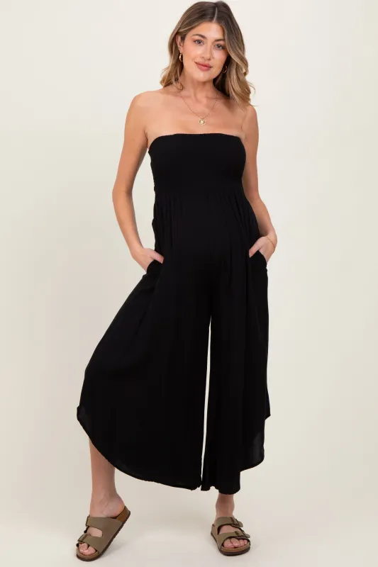 Black Strapless Smocked Tulip Leg Maternity Jumpsuit sold by Pinkblush