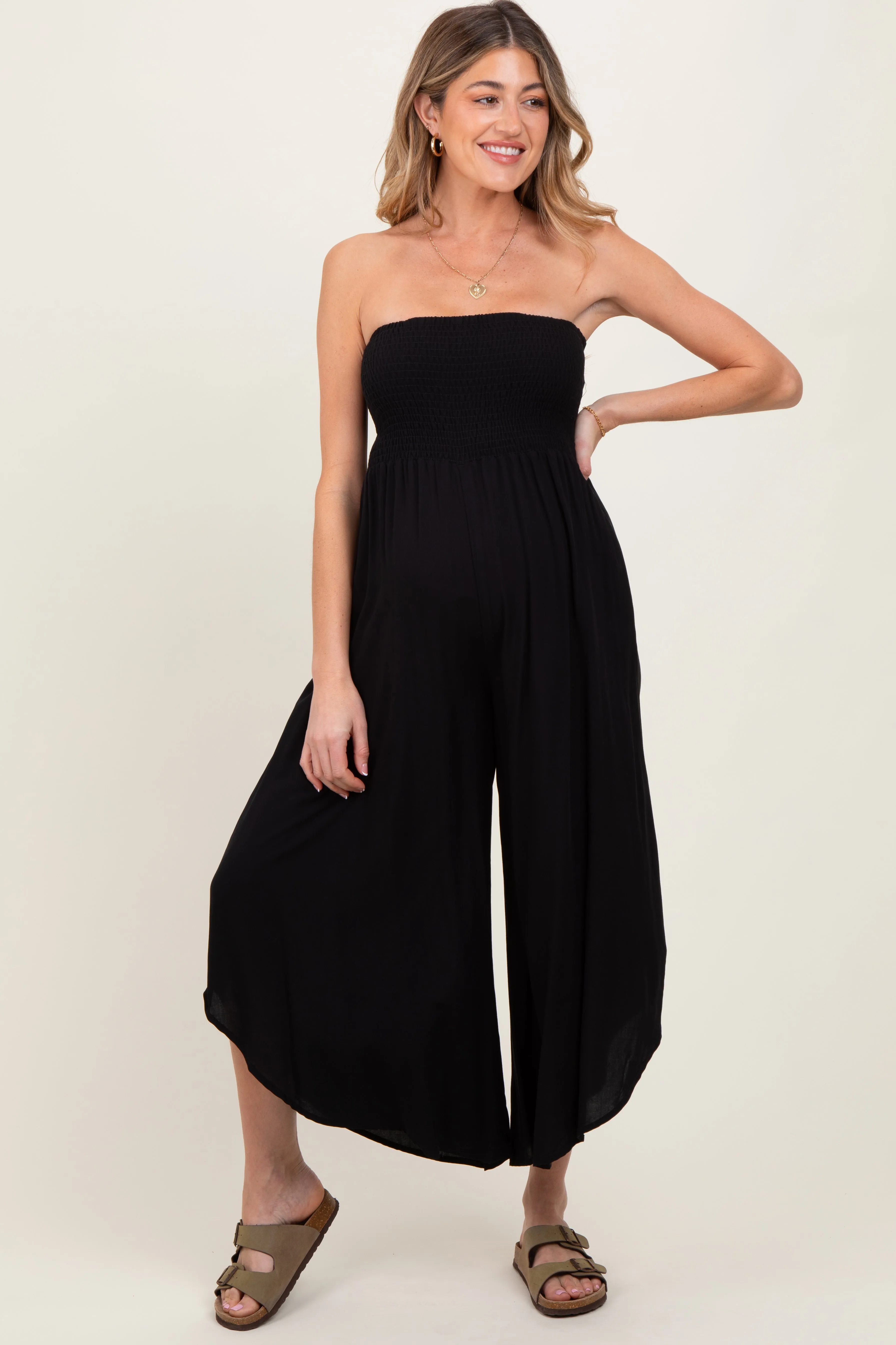 Black Strapless Smocked Tulip Leg Maternity Jumpsuit sold by Pinkblush product image thumbnail 2