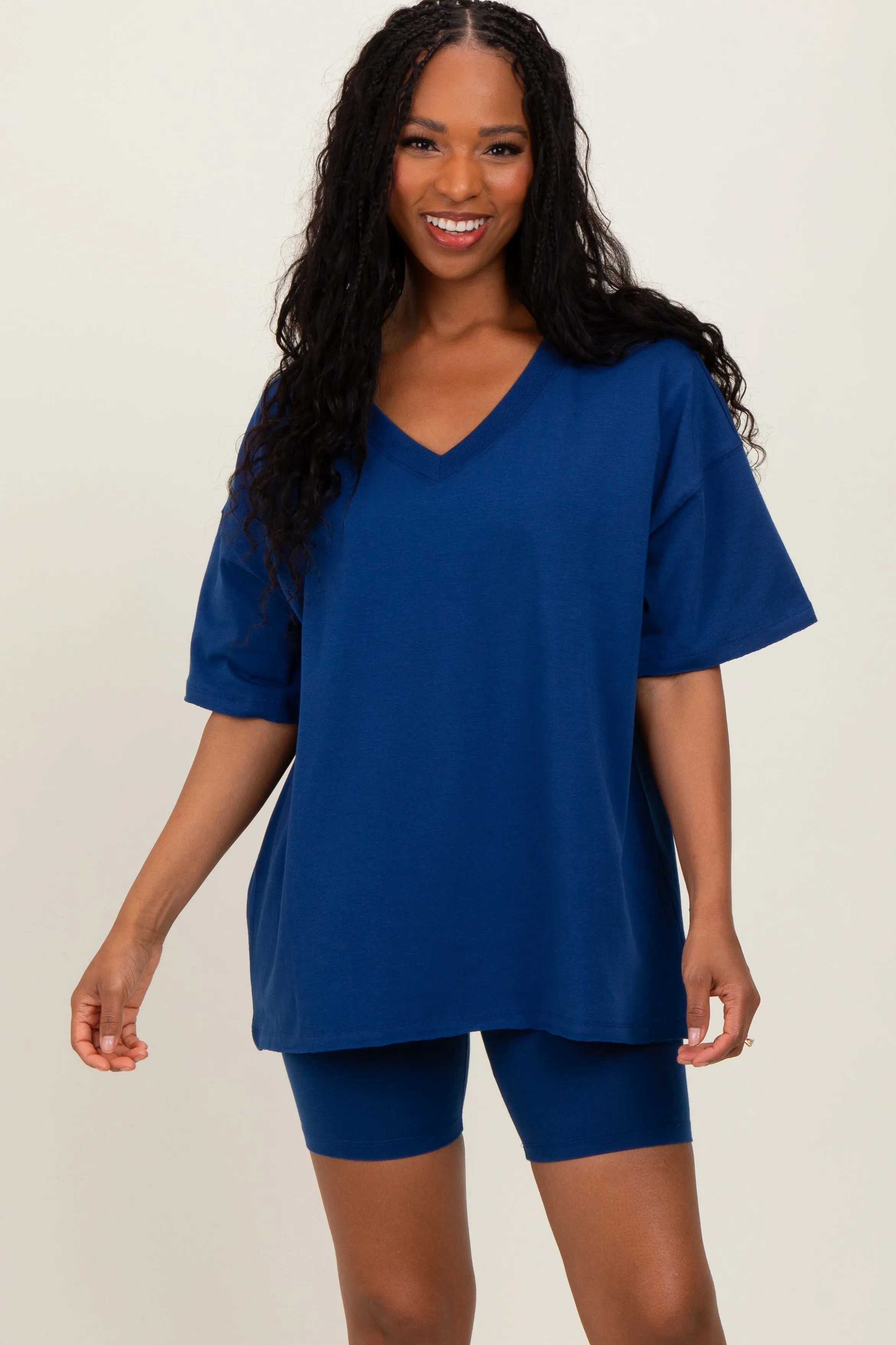 Light Navy Oversized V-Neck Biker Short Set sold by Pinkblush product image thumbnail 2