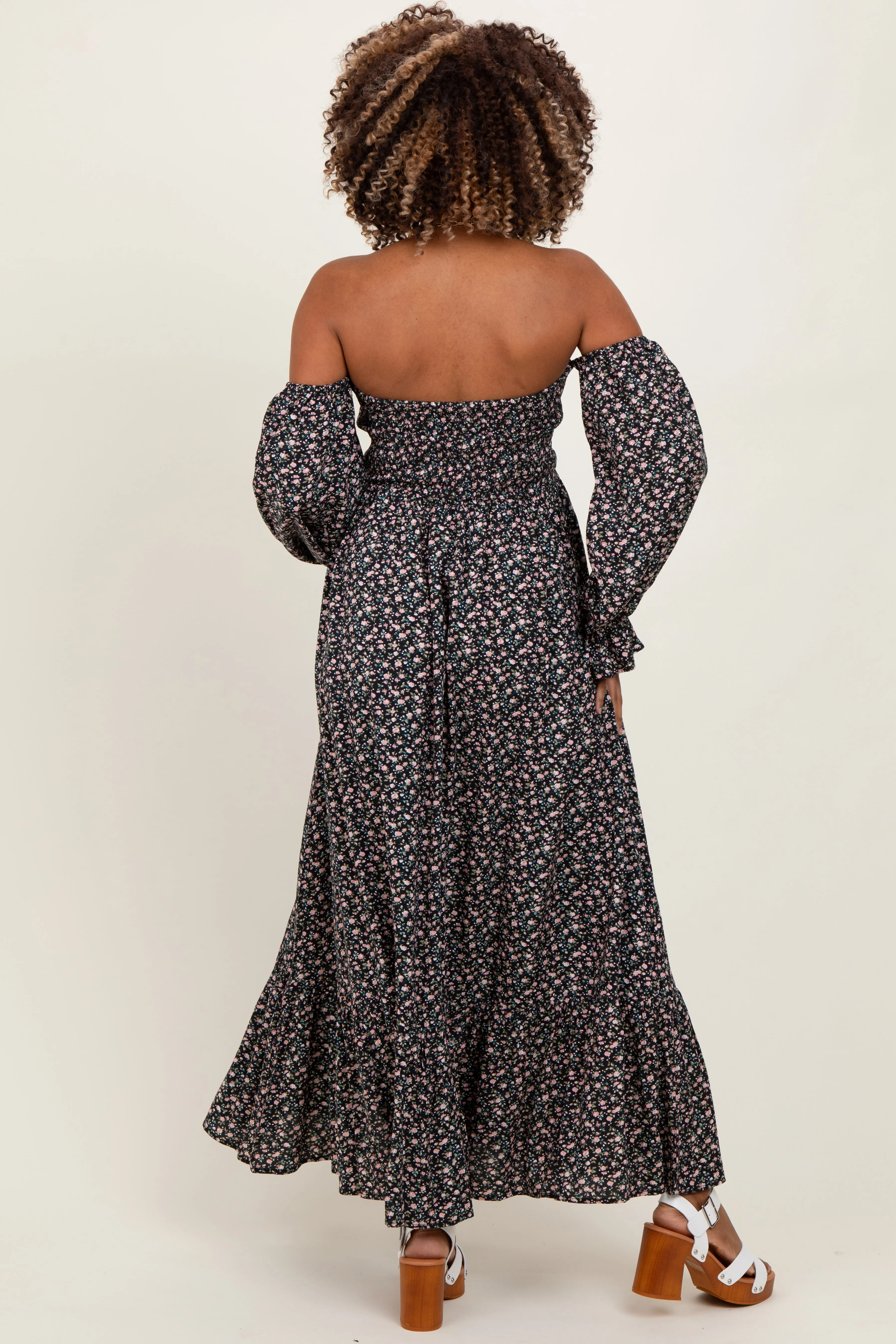 Black Floral Smocked Off Shoulder Maternity Maxi Dress sold by Pinkblush product image thumbnail 2