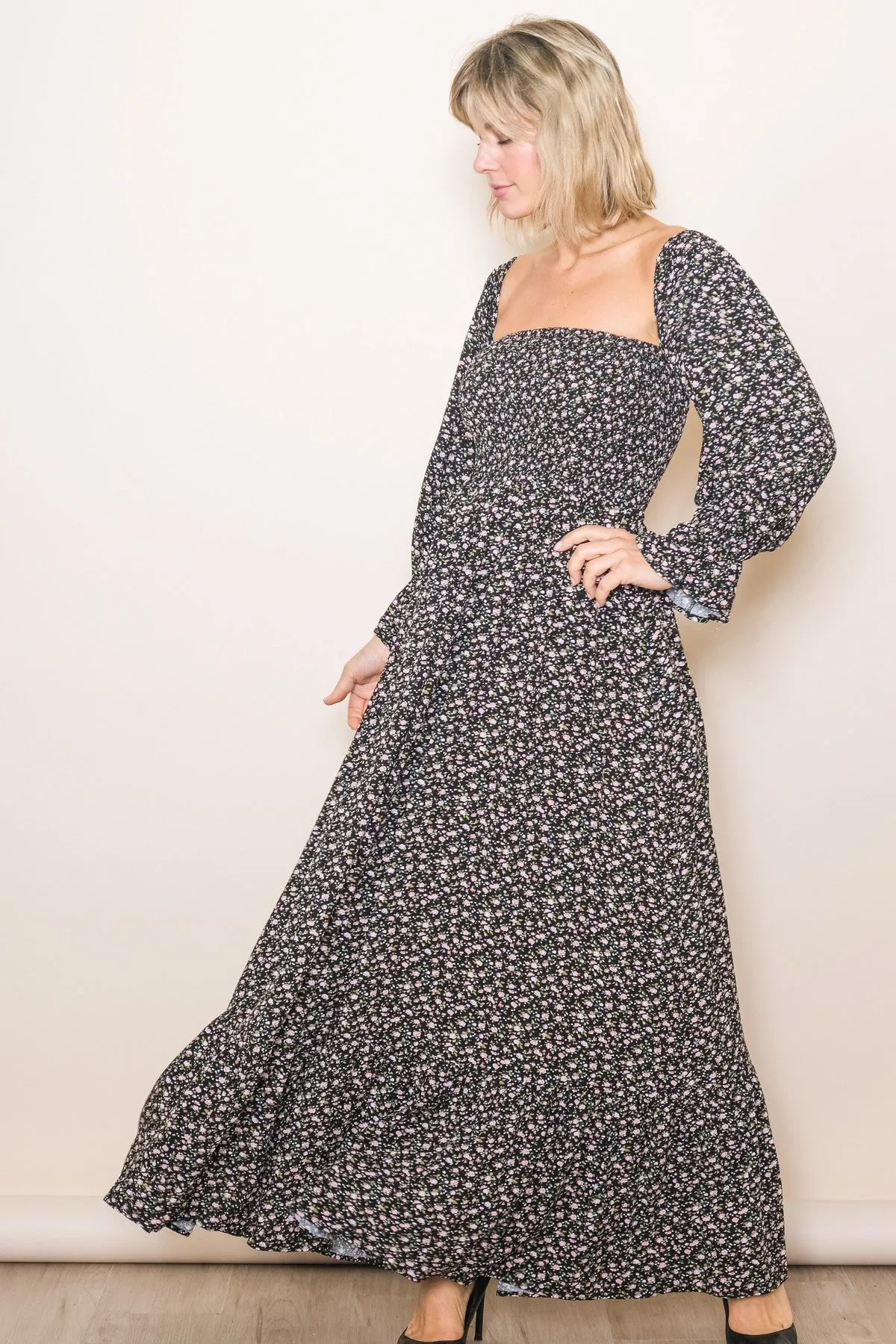 Black Floral Smocked Off Shoulder Maternity Maxi Dress sold by Pinkblush product image thumbnail 3