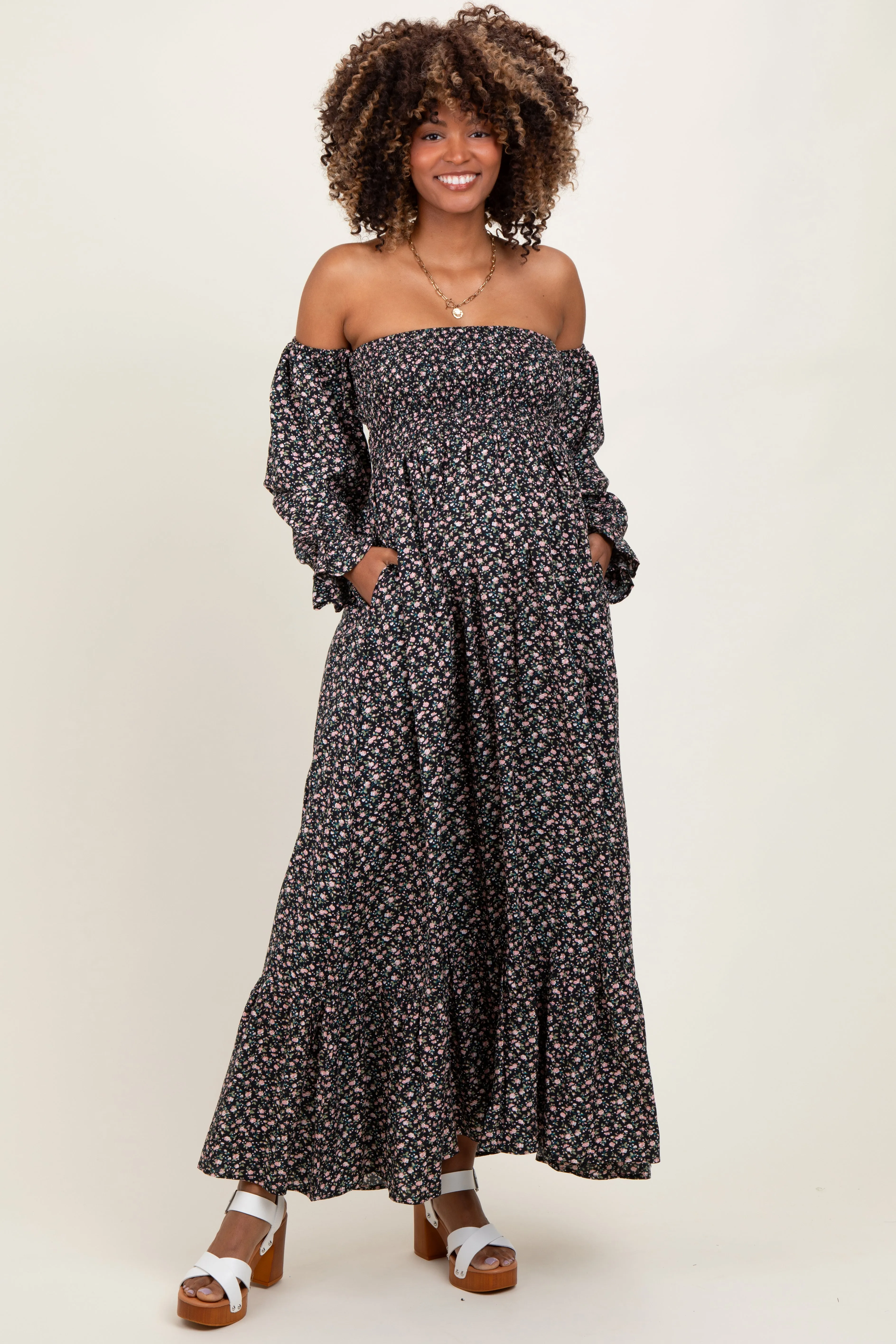 Black Floral Smocked Off Shoulder Maternity Maxi Dress sold by Pinkblush