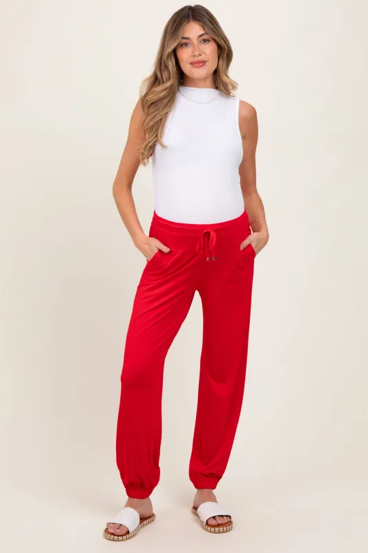 Red Drawstring Maternity Jogger Pants sold by Pinkblush