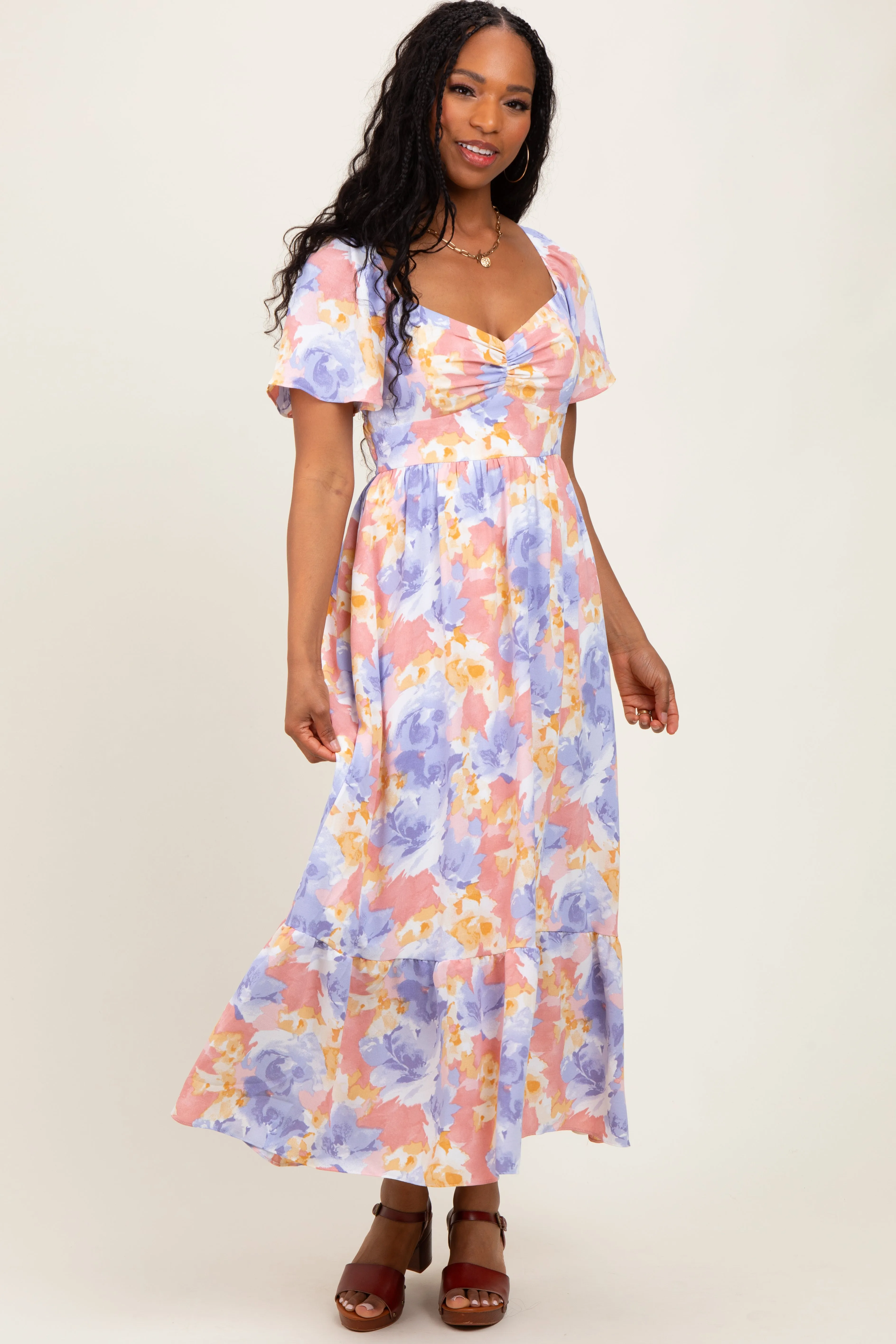 Coral/Purple Floral Flare Sleeve Tiered Maxi Dress sold by Pinkblush product image thumbnail 2