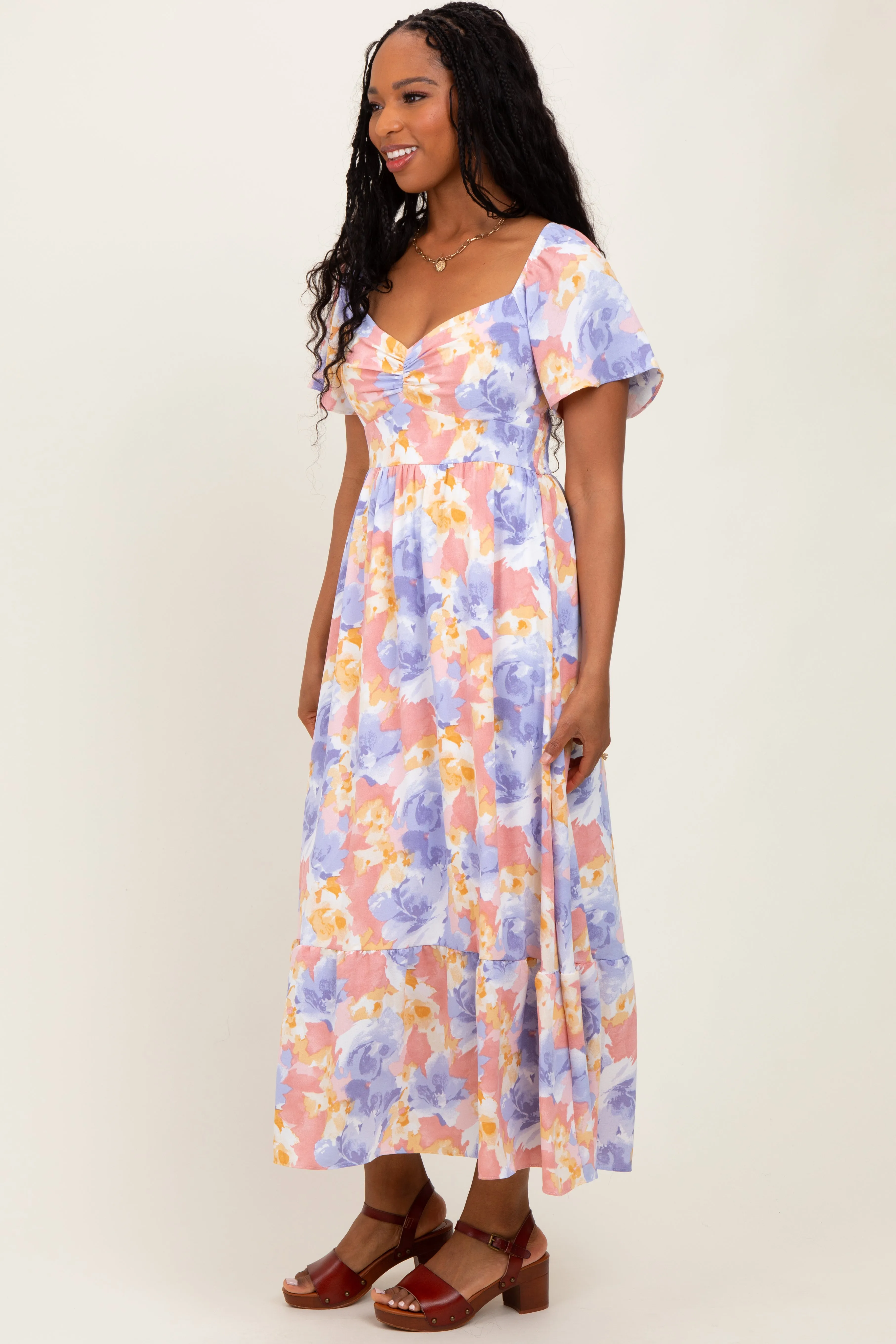 Coral/Purple Floral Flare Sleeve Tiered Maxi Dress sold by Pinkblush product image thumbnail 3