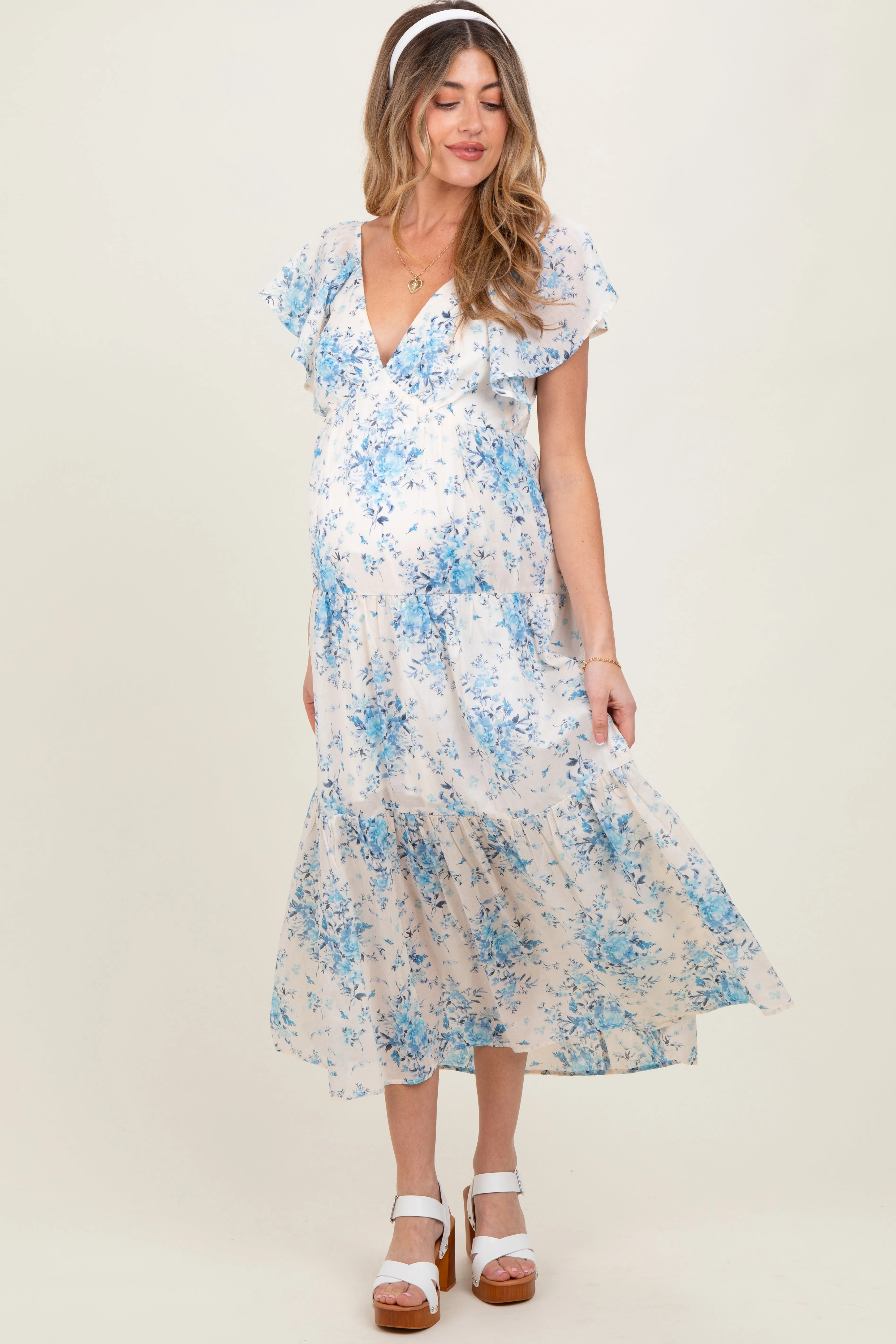 Light Blue Floral Flutter Sleeve Tiered Maternity Maxi Dress sold by Pinkblush product image thumbnail 2