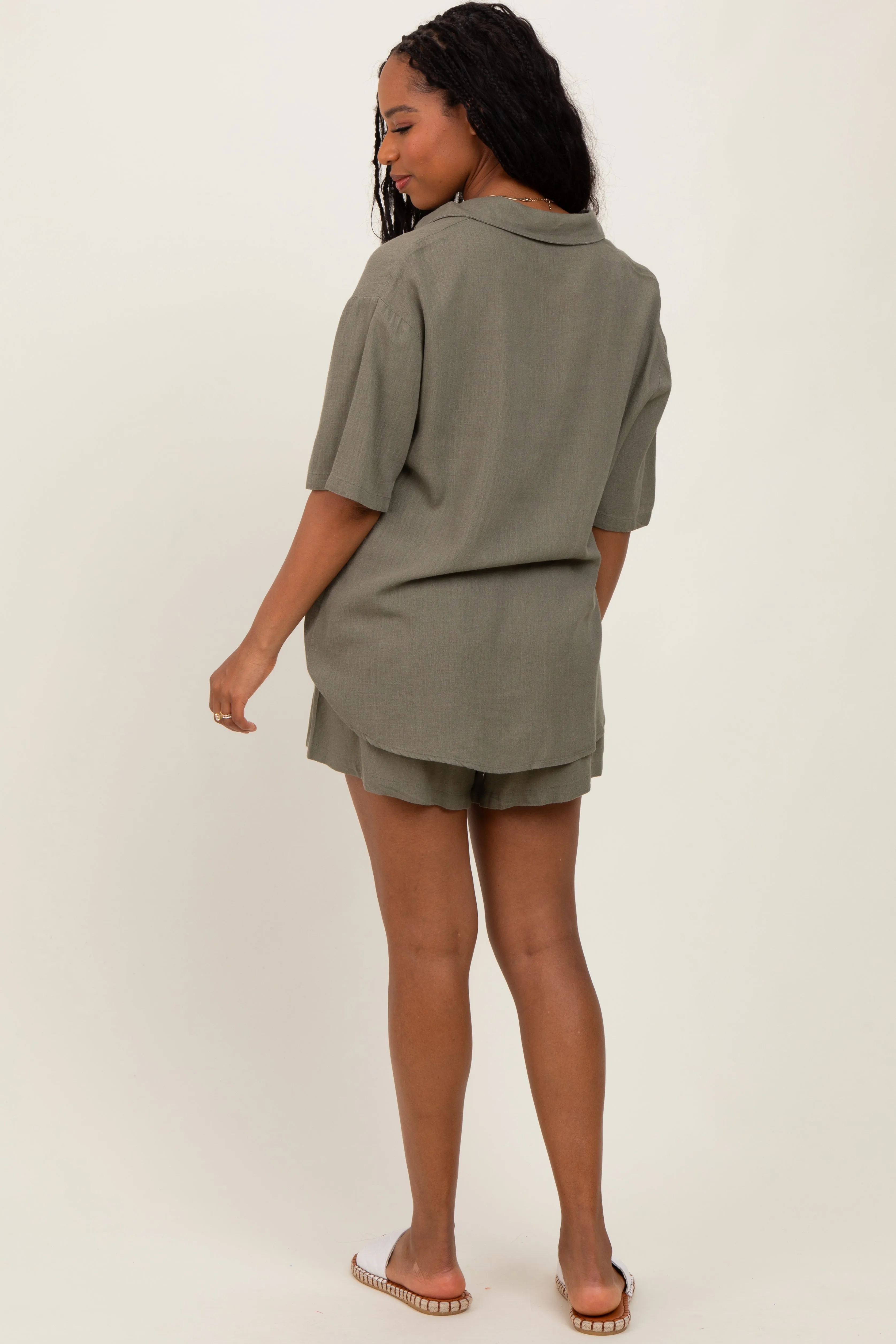 Olive Linen Blend Short Sleeve Shirt Shorts Set sold by Pinkblush product image thumbnail 4