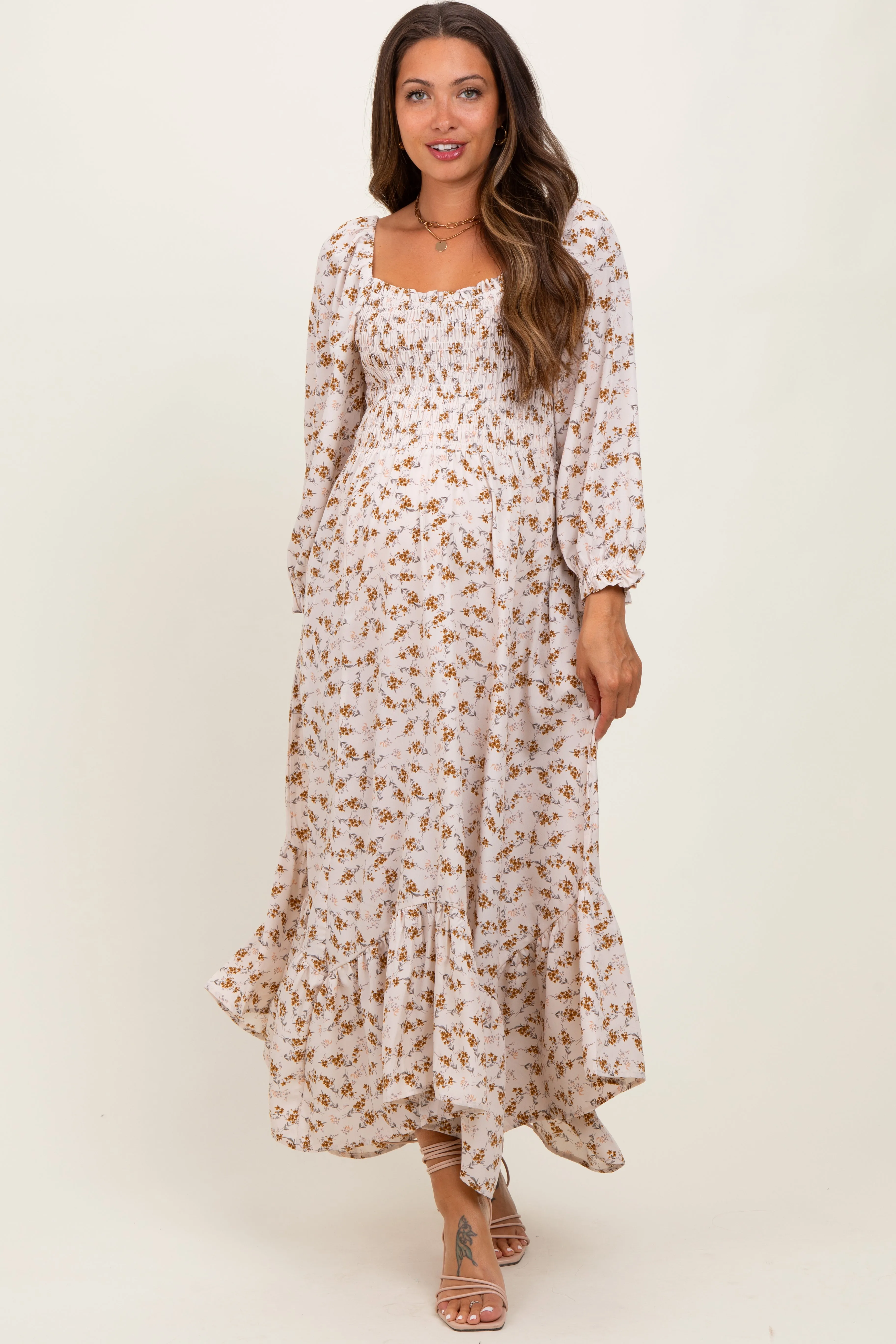 Ivory Floral Smocked Handkerchief Hem Maternity Maxi Dress sold by Pinkblush product image thumbnail 2
