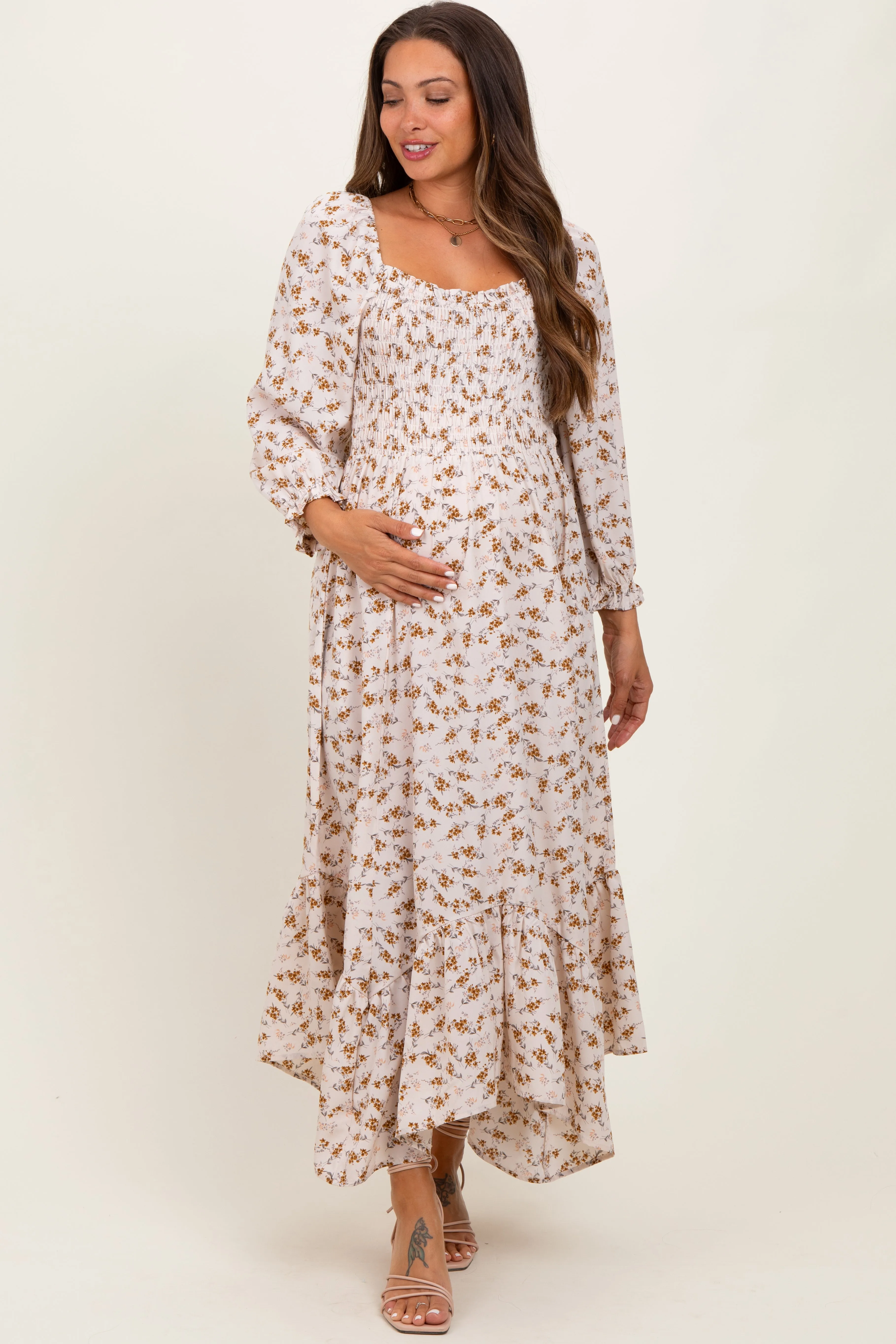 Ivory Floral Smocked Handkerchief Hem Maternity Maxi Dress sold by Pinkblush