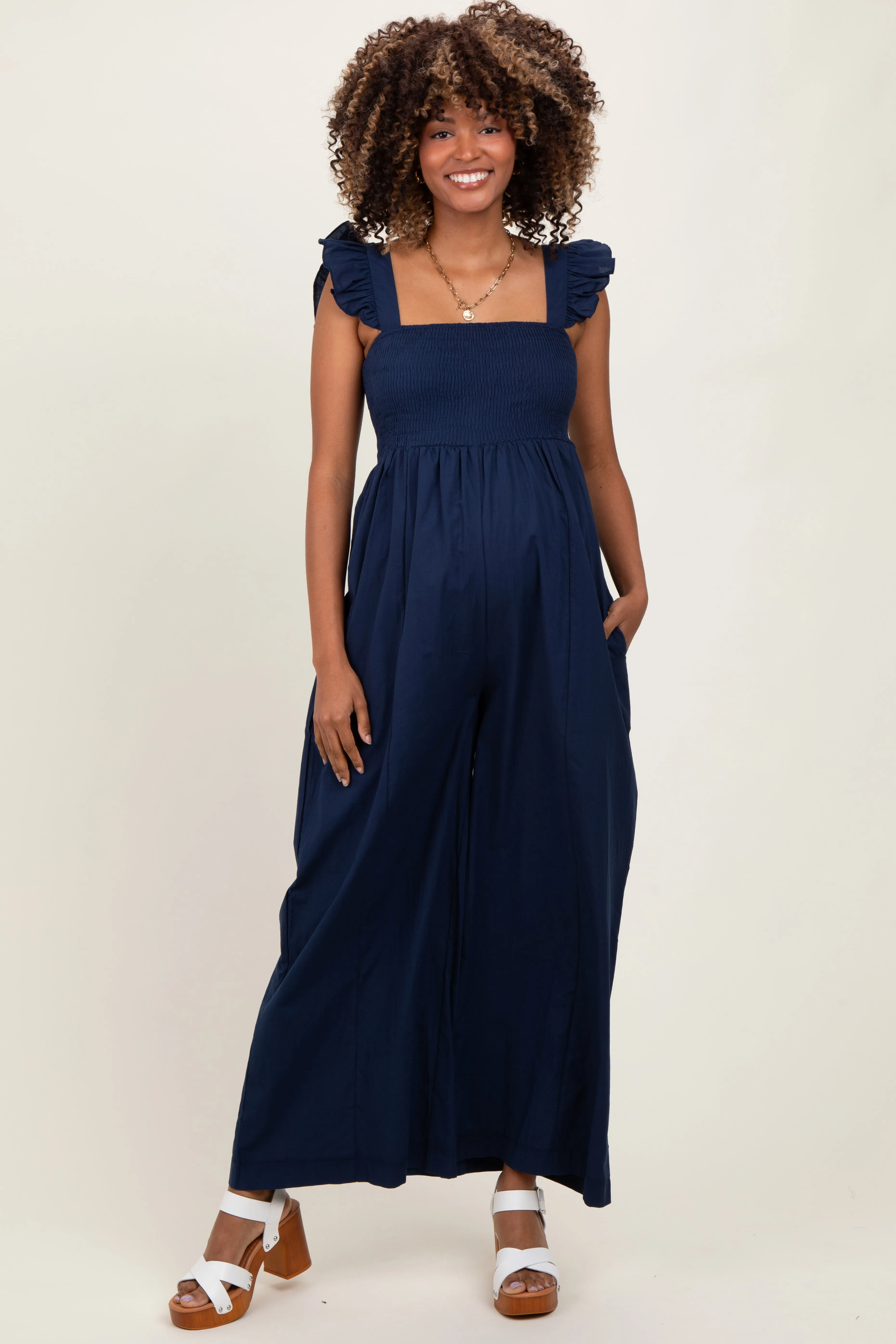 Navy Ruffle Strap Smocked Wide Leg Maternity Jumpsuit sold by Pinkblush
