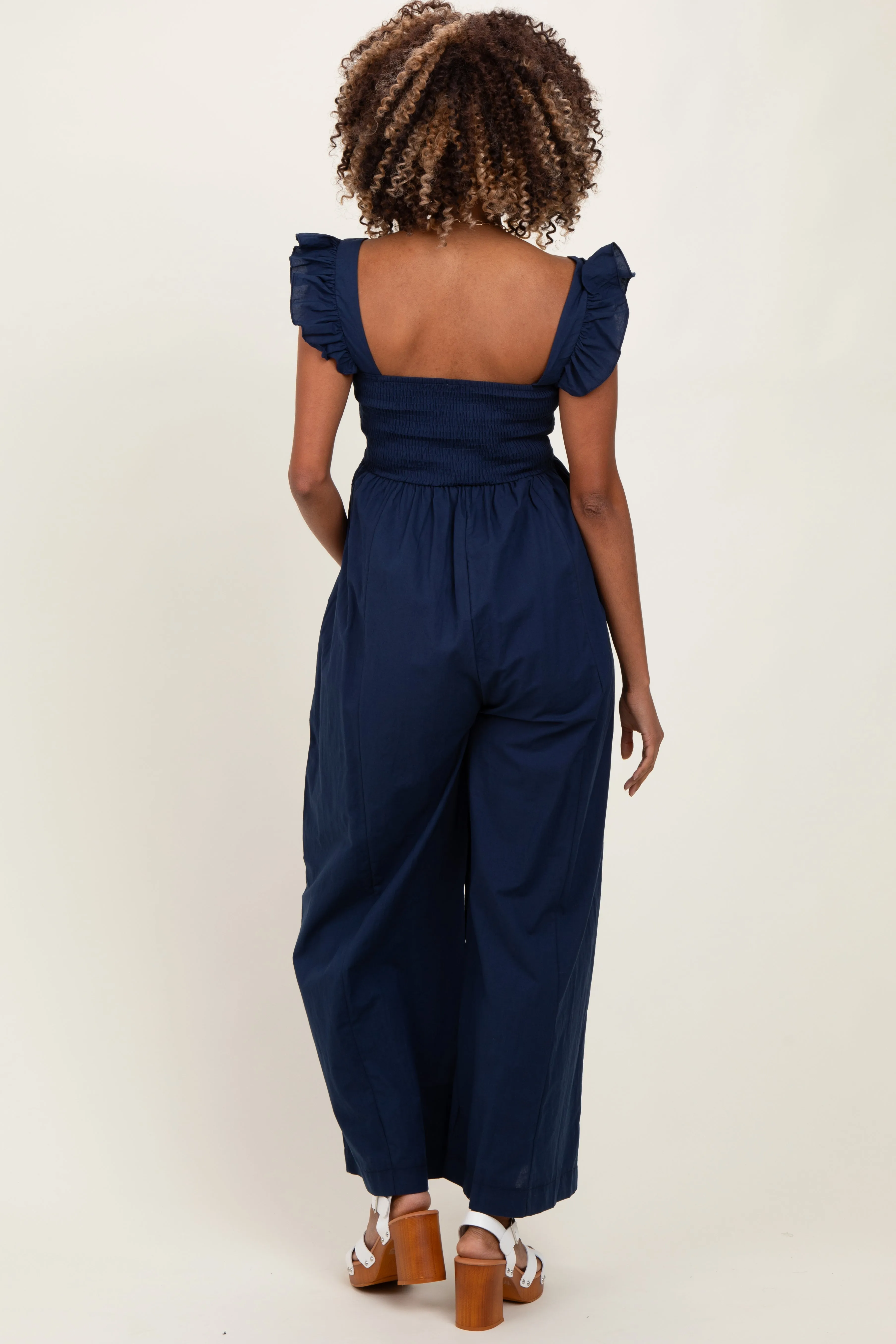 Navy Ruffle Strap Smocked Wide Leg Maternity Jumpsuit sold by Pinkblush product image thumbnail 2