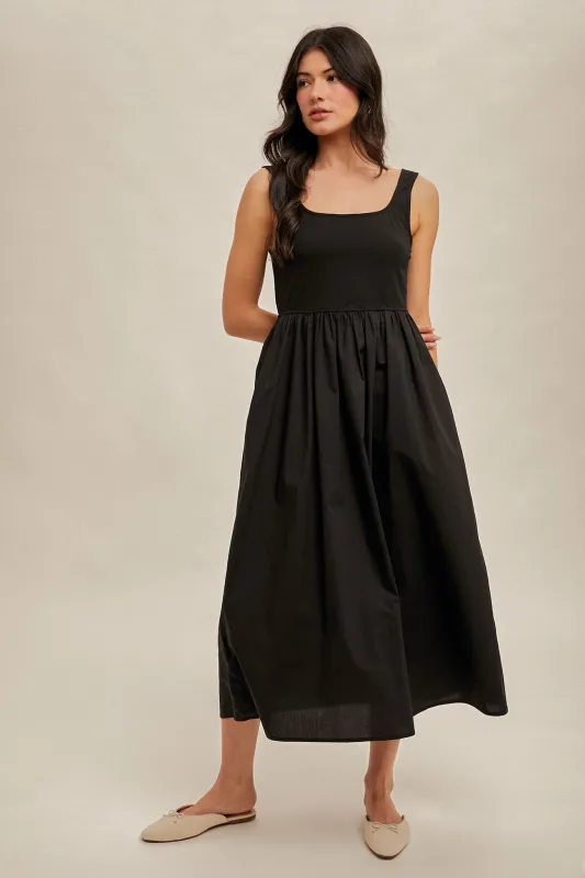 Black Contrast Sleeveless Square Neck Midi Dress sold by Pinkblush
