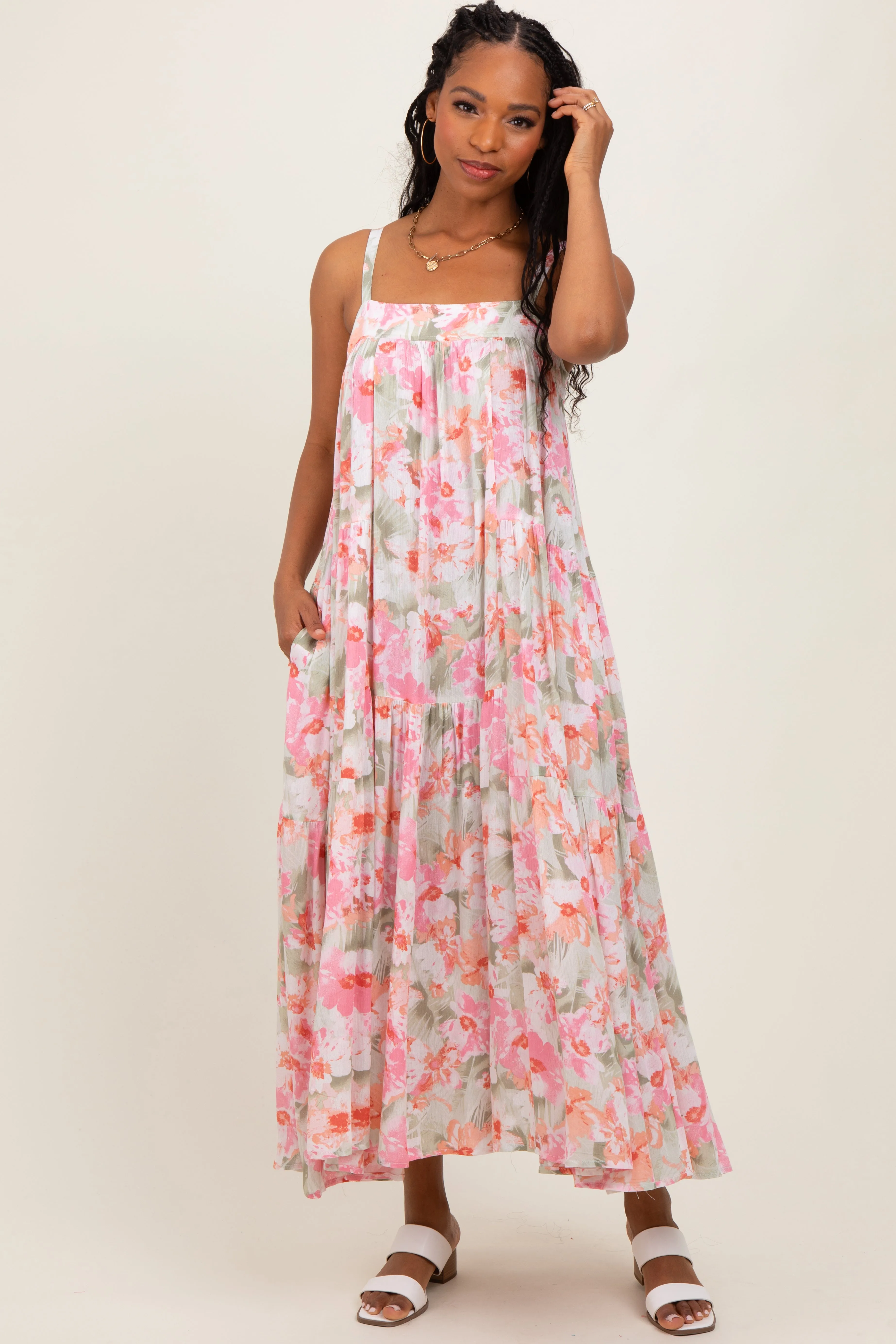 Olive/Fuchsia Tropical Floral Tiered Maxi Dress sold by Pinkblush
