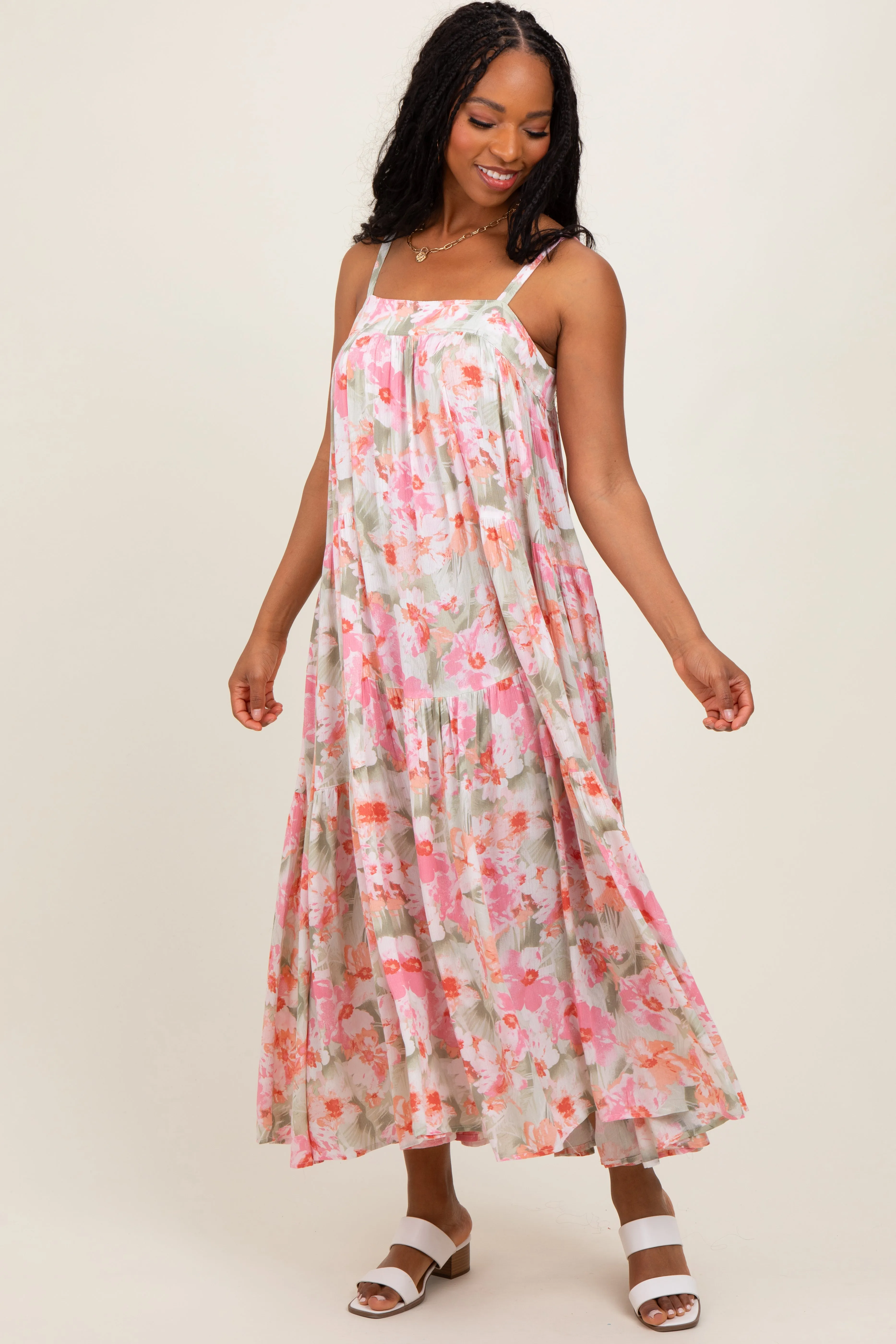 Olive/Fuchsia Tropical Floral Tiered Maxi Dress sold by Pinkblush product image thumbnail 2