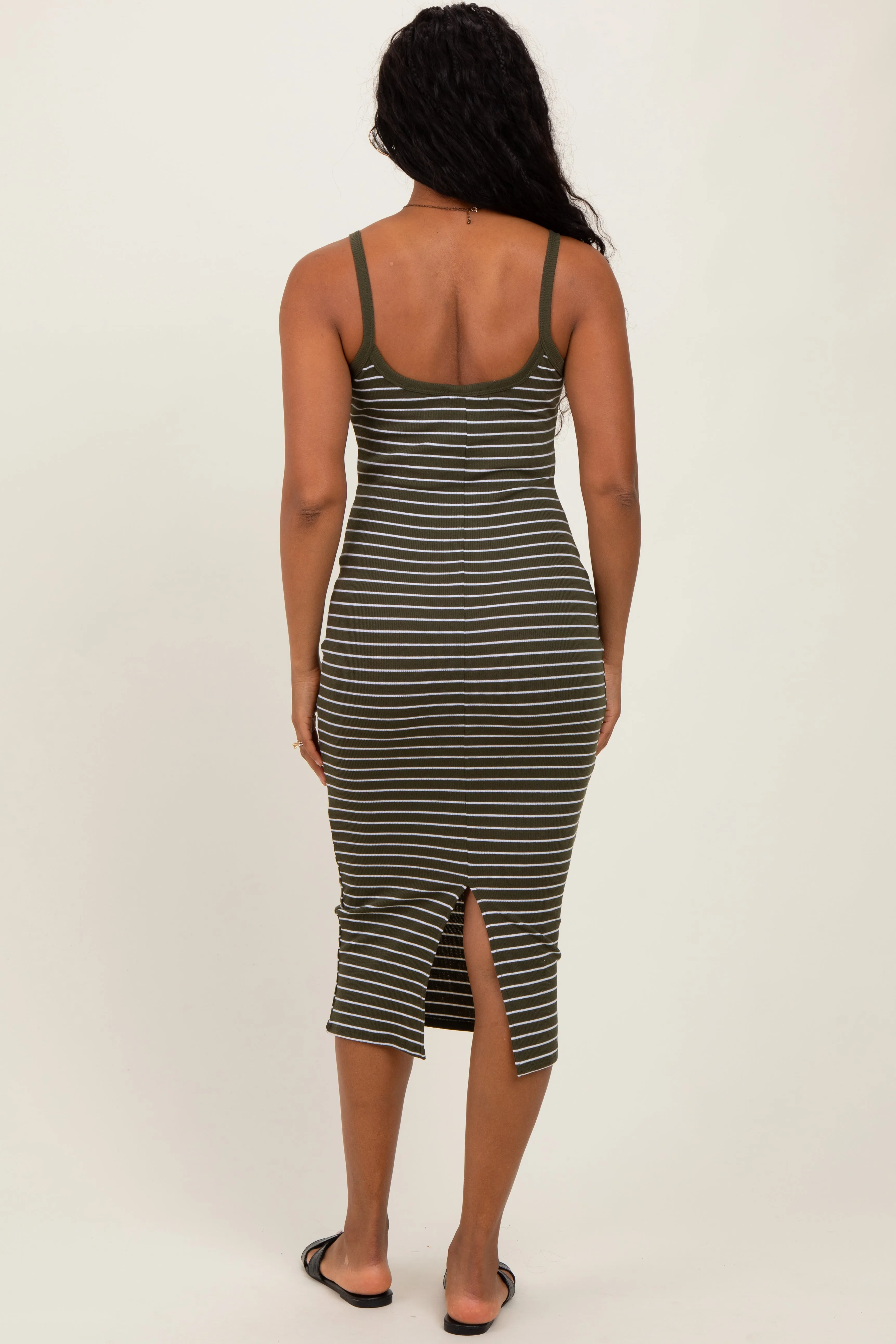 Olive Striped Thin Strap Fitted Midi Dress sold by Pinkblush product image thumbnail 4