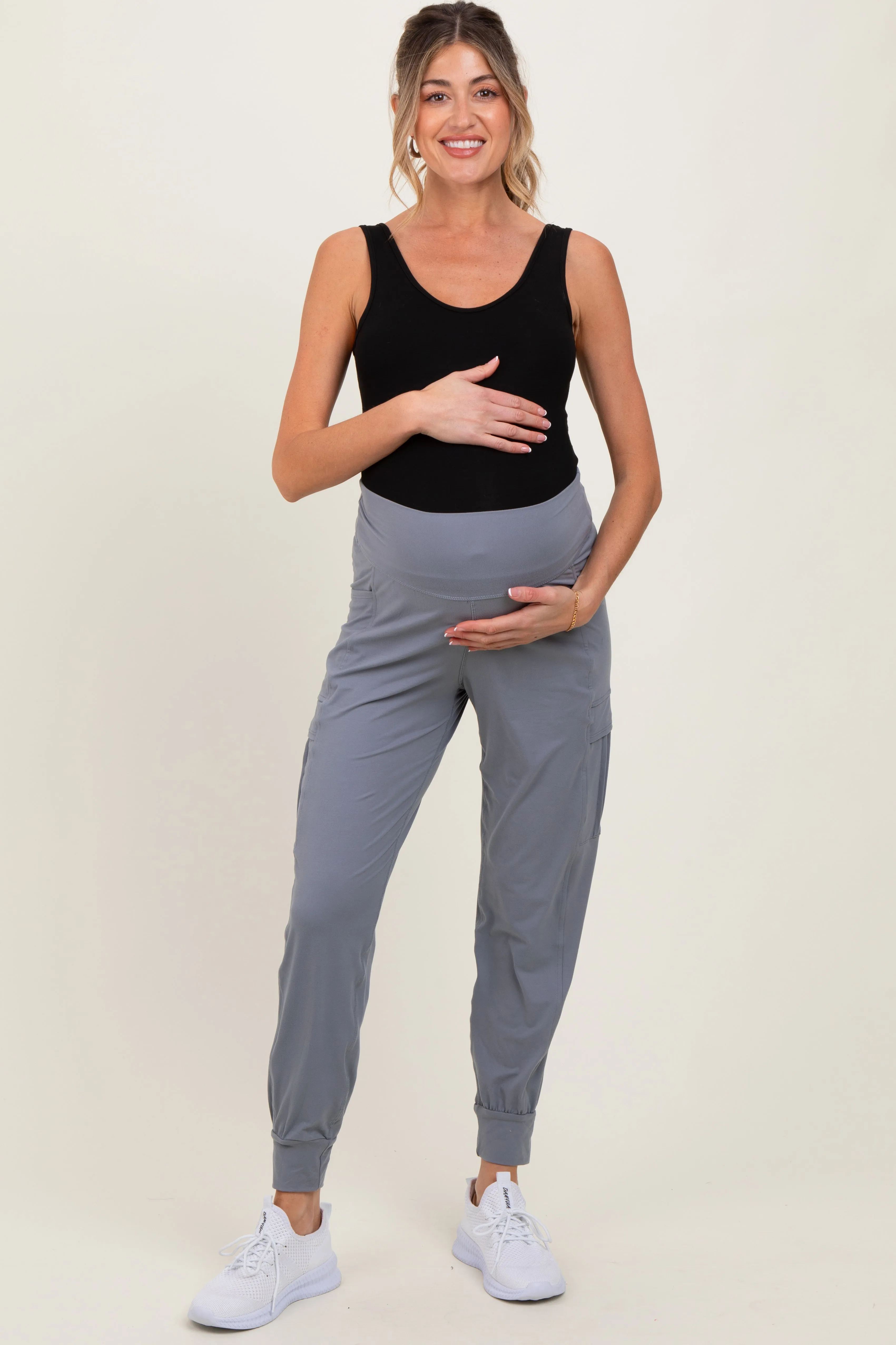 Grey Cargo Pocket Maternity Jogger Pants sold by Pinkblush