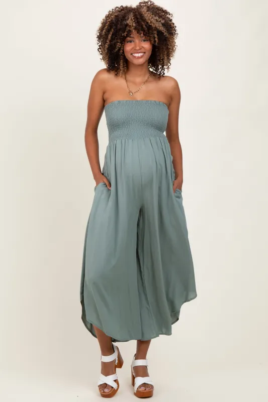 Light Olive Strapless Smocked Tulip Leg Maternity Jumpsuit sold by Pinkblush