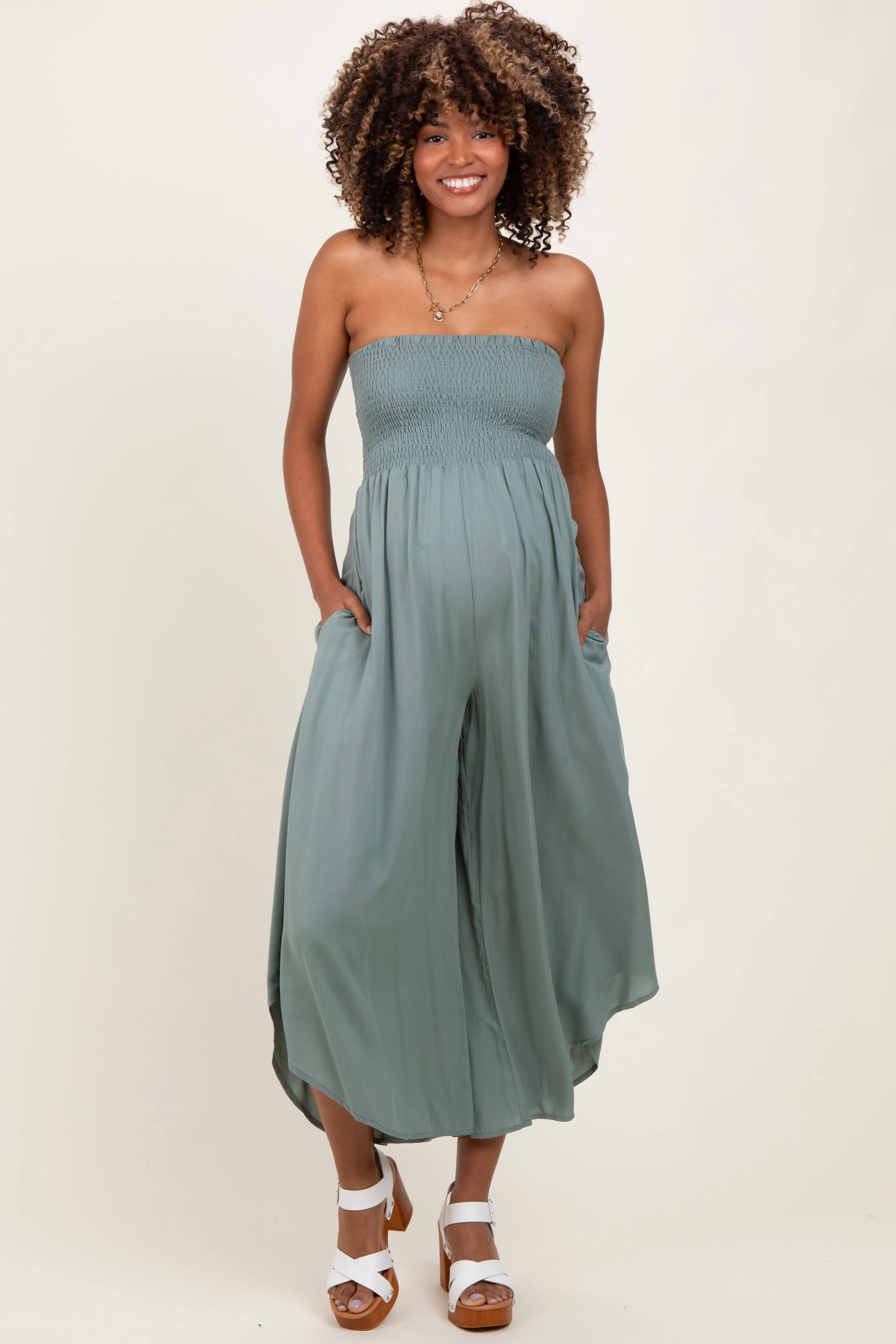 Light Olive Strapless Smocked Tulip Leg Maternity Jumpsuit sold by Pinkblush