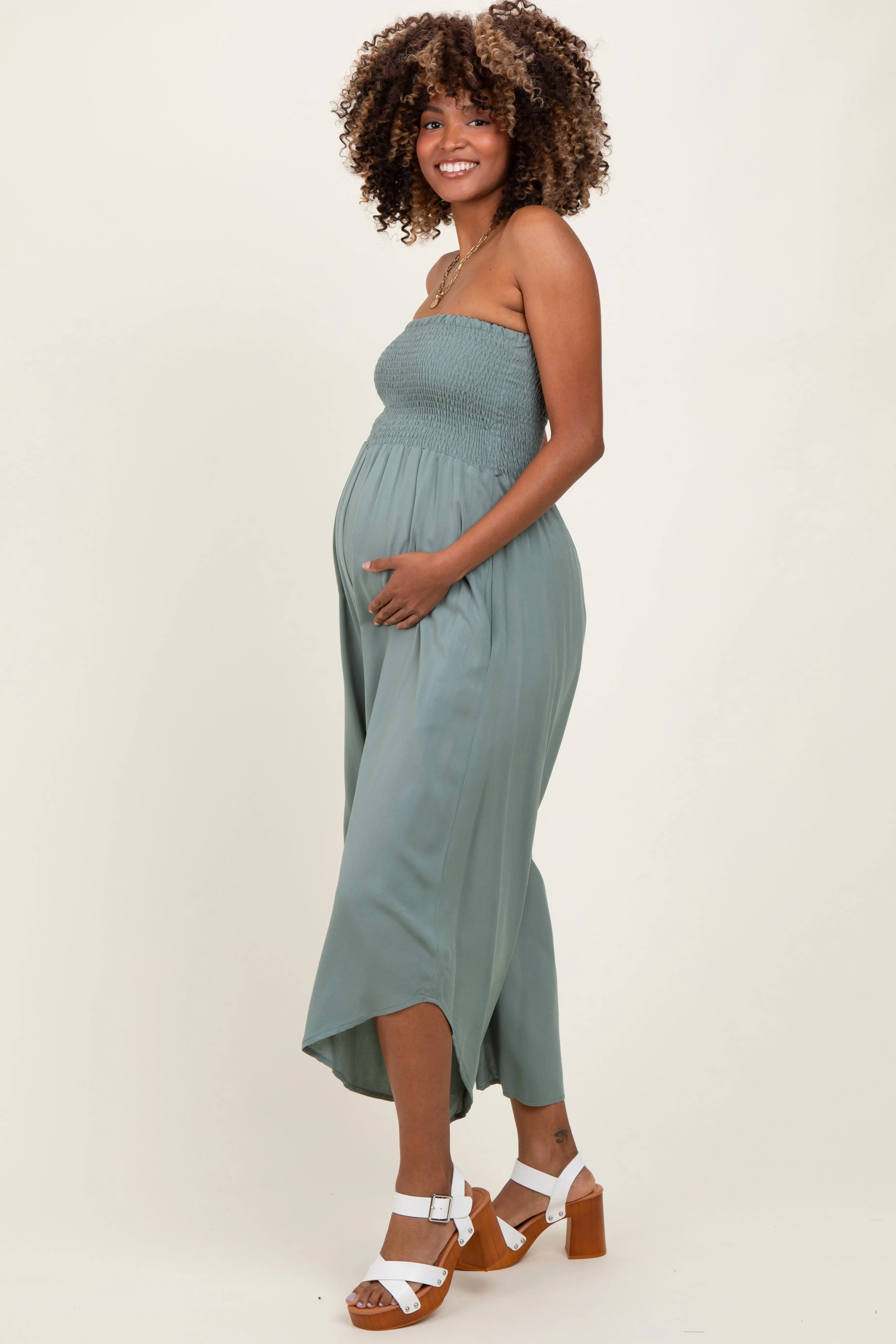 Light Olive Strapless Smocked Tulip Leg Maternity Jumpsuit sold by Pinkblush product image thumbnail 2