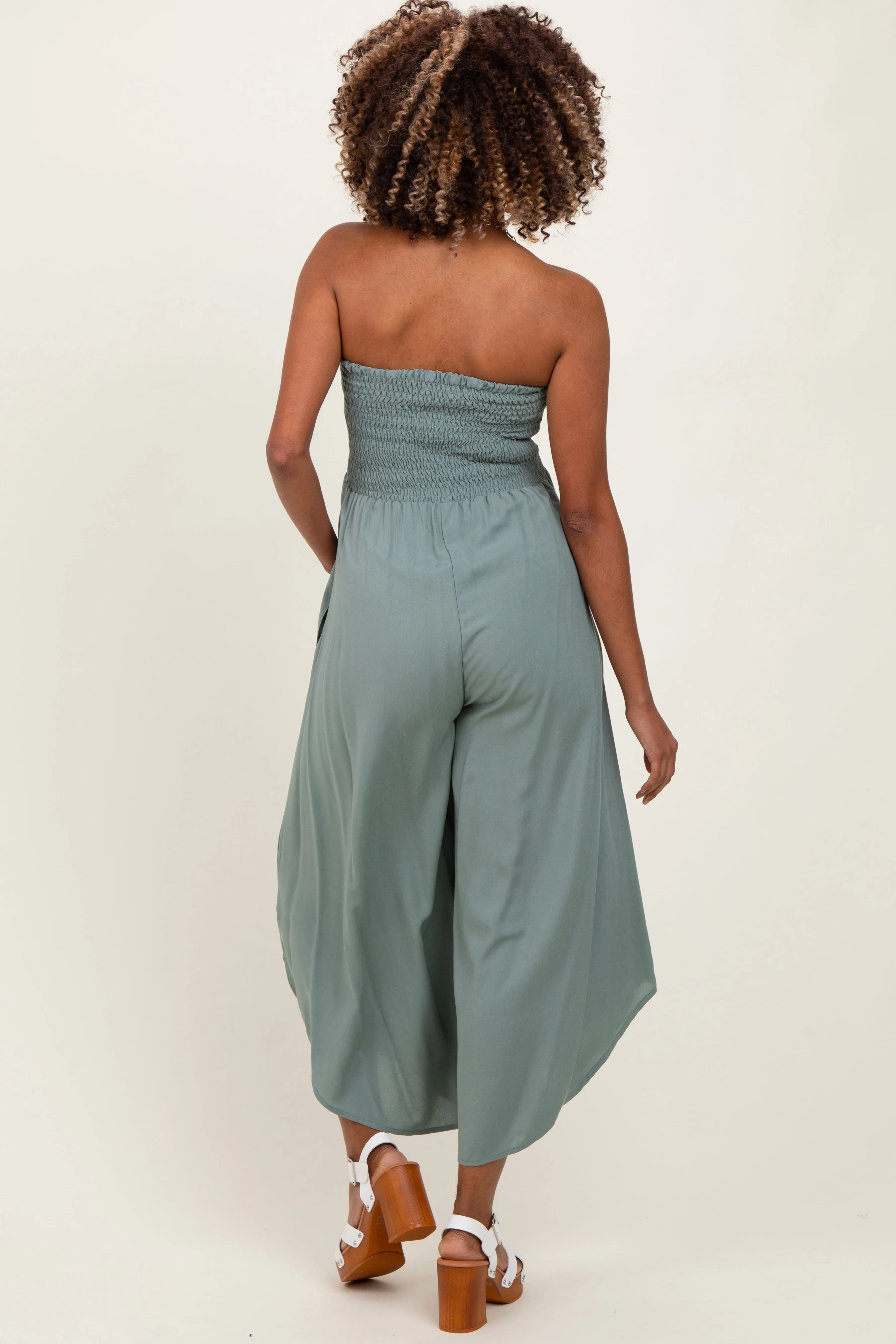 Light Olive Strapless Smocked Tulip Leg Maternity Jumpsuit sold by Pinkblush product image thumbnail 3