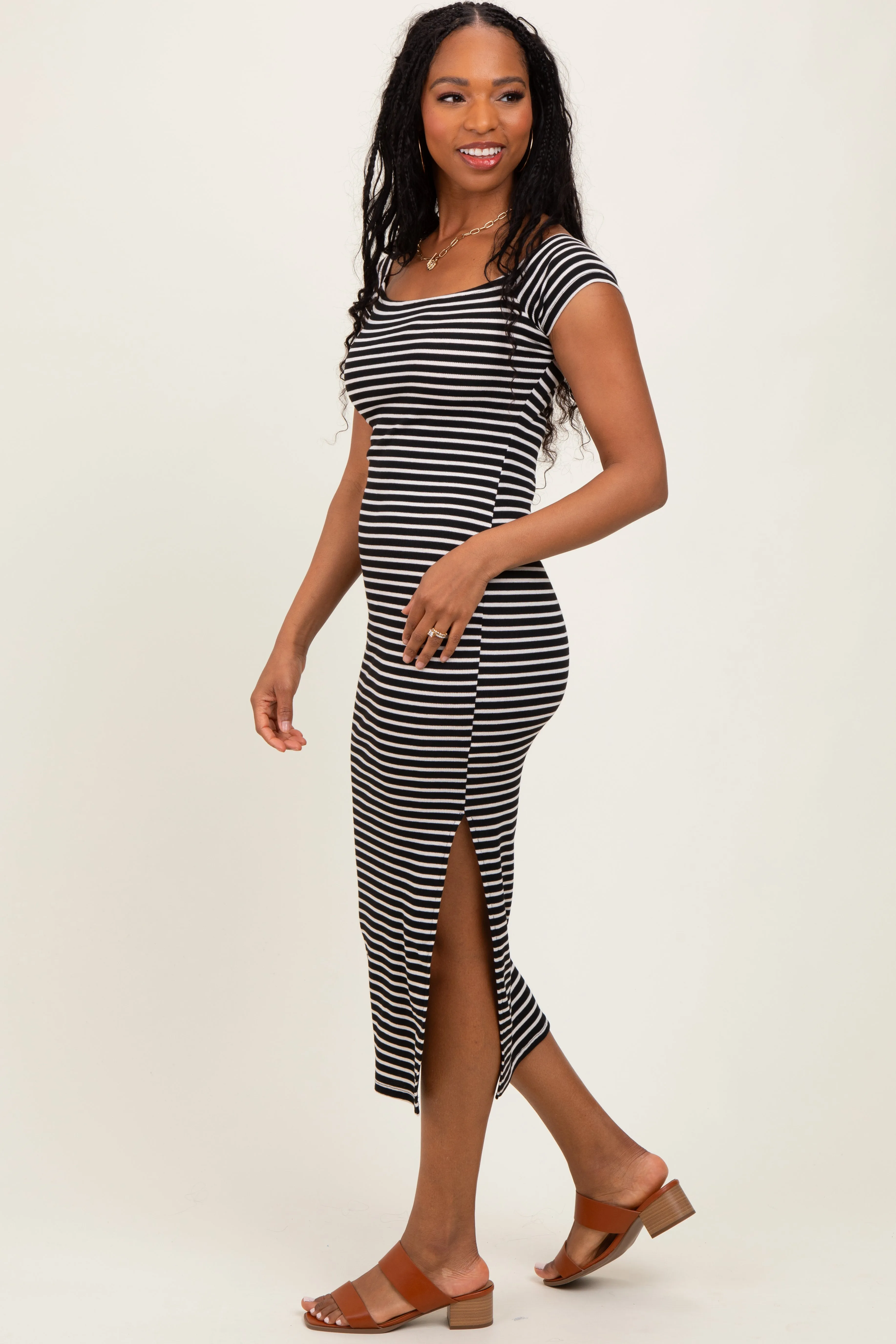 Black Striped Off Shoulder Side Slit Midi Dress sold by Pinkblush product image thumbnail 3