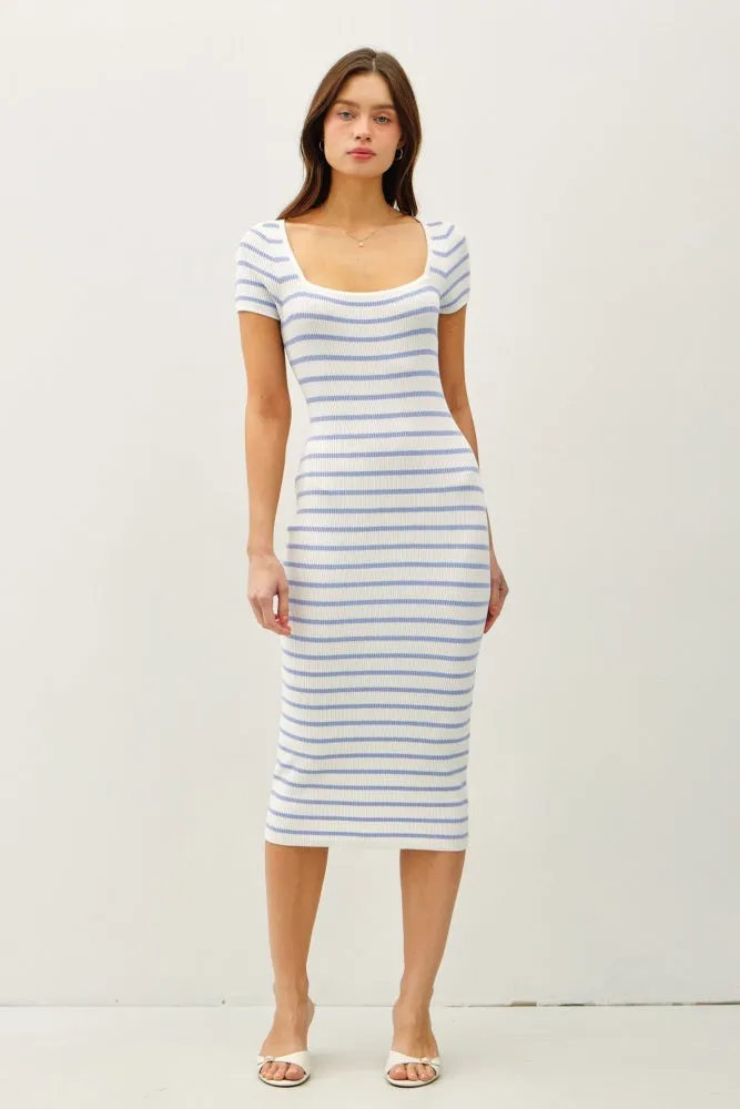 Blue Striped Square Neck Short Sleeve Maternity Midi Dress sold by Pinkblush product image thumbnail 5