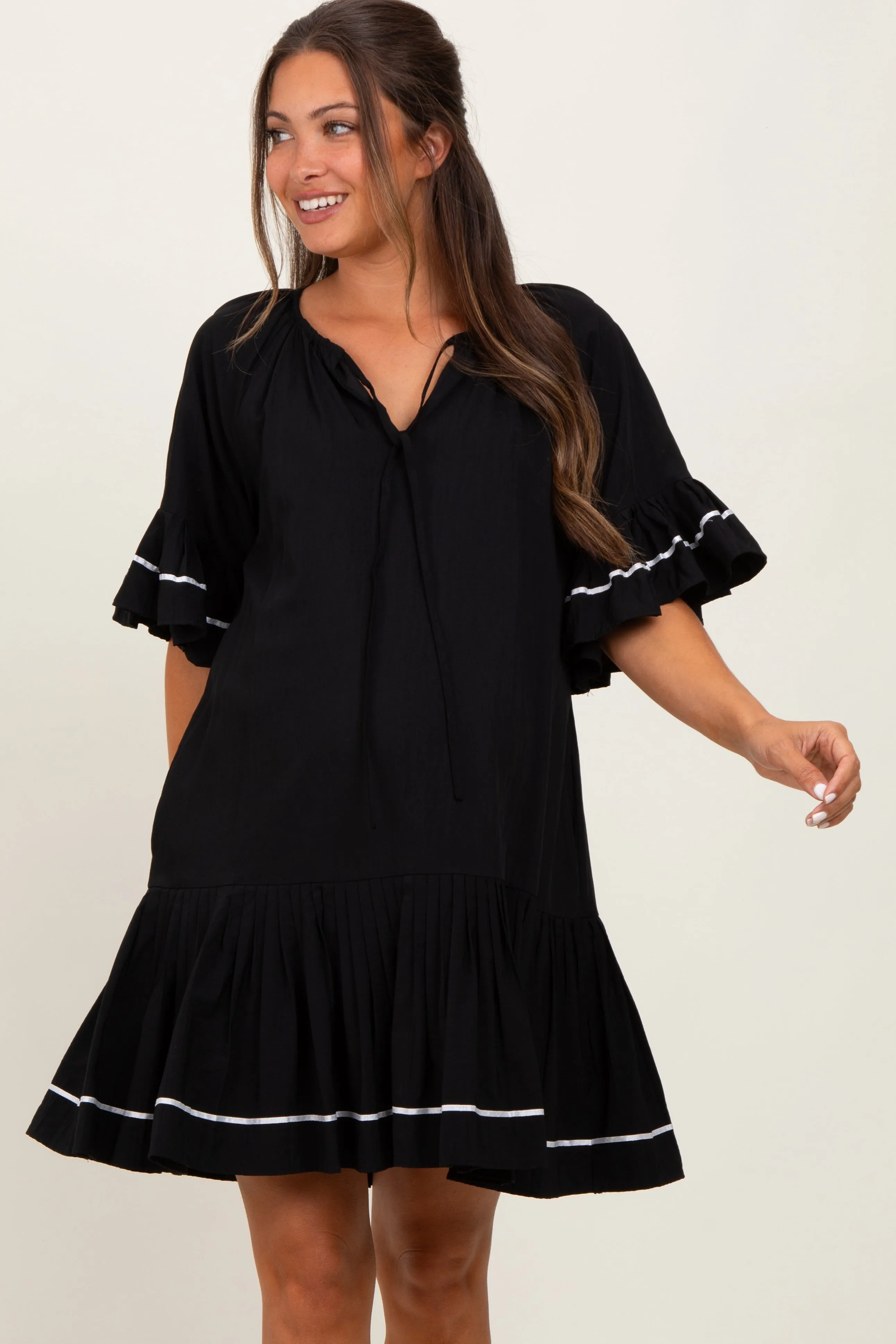 Black Solid Short Sleeve Pocketed Maternity Dress sold by Pinkblush