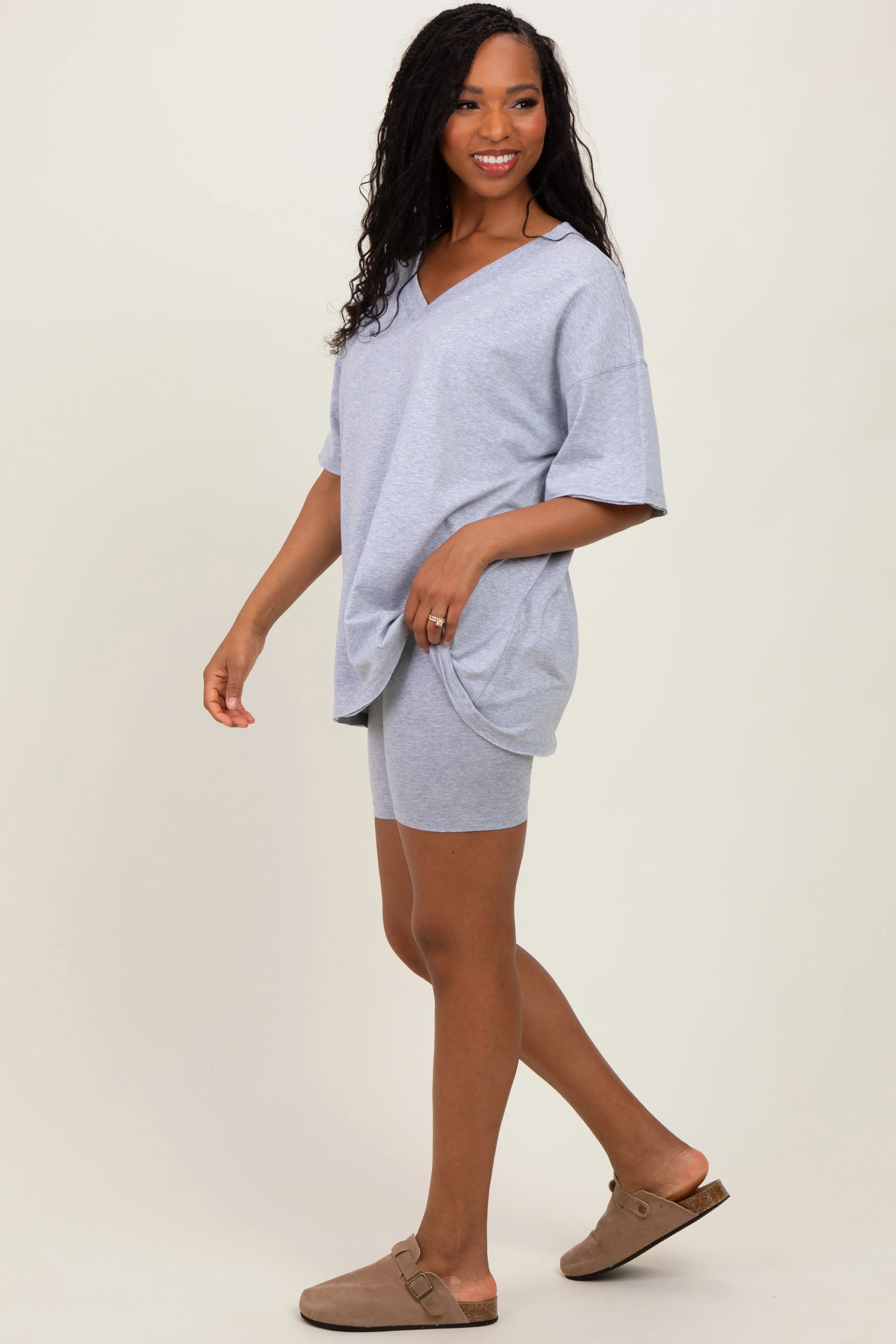 Heather Grey Oversized V-Neck Biker Short Set sold by Pinkblush product image thumbnail 3