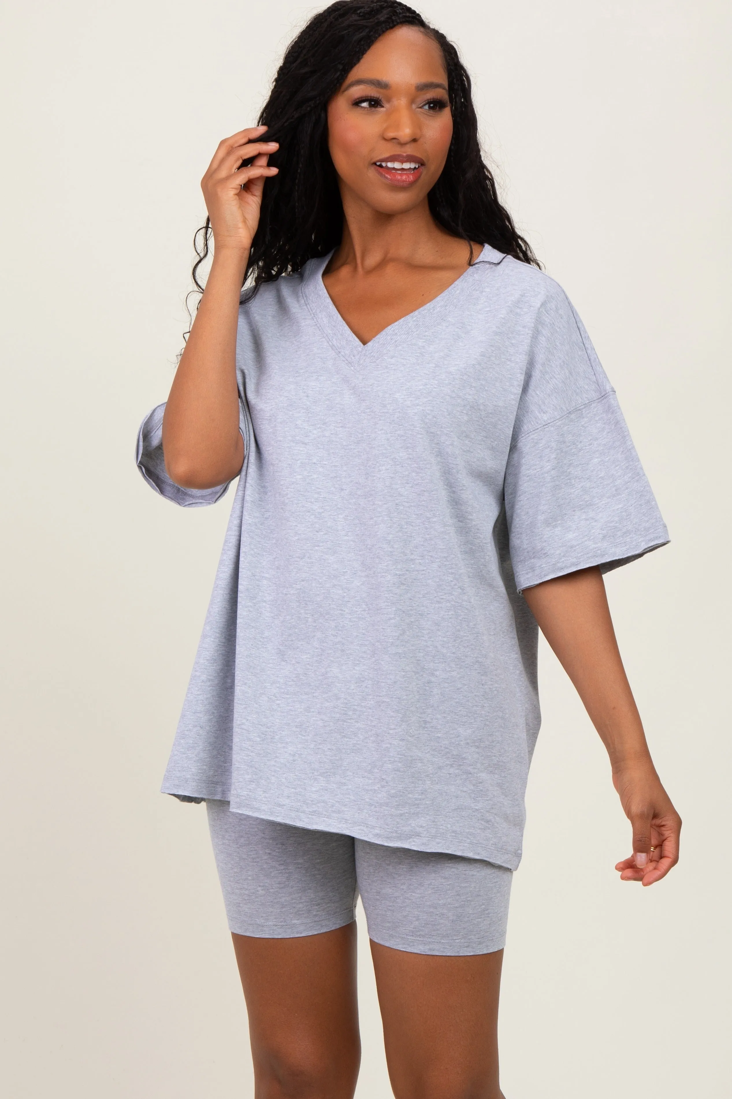 Heather Grey Oversized V-Neck Biker Short Set sold by Pinkblush product image thumbnail 2