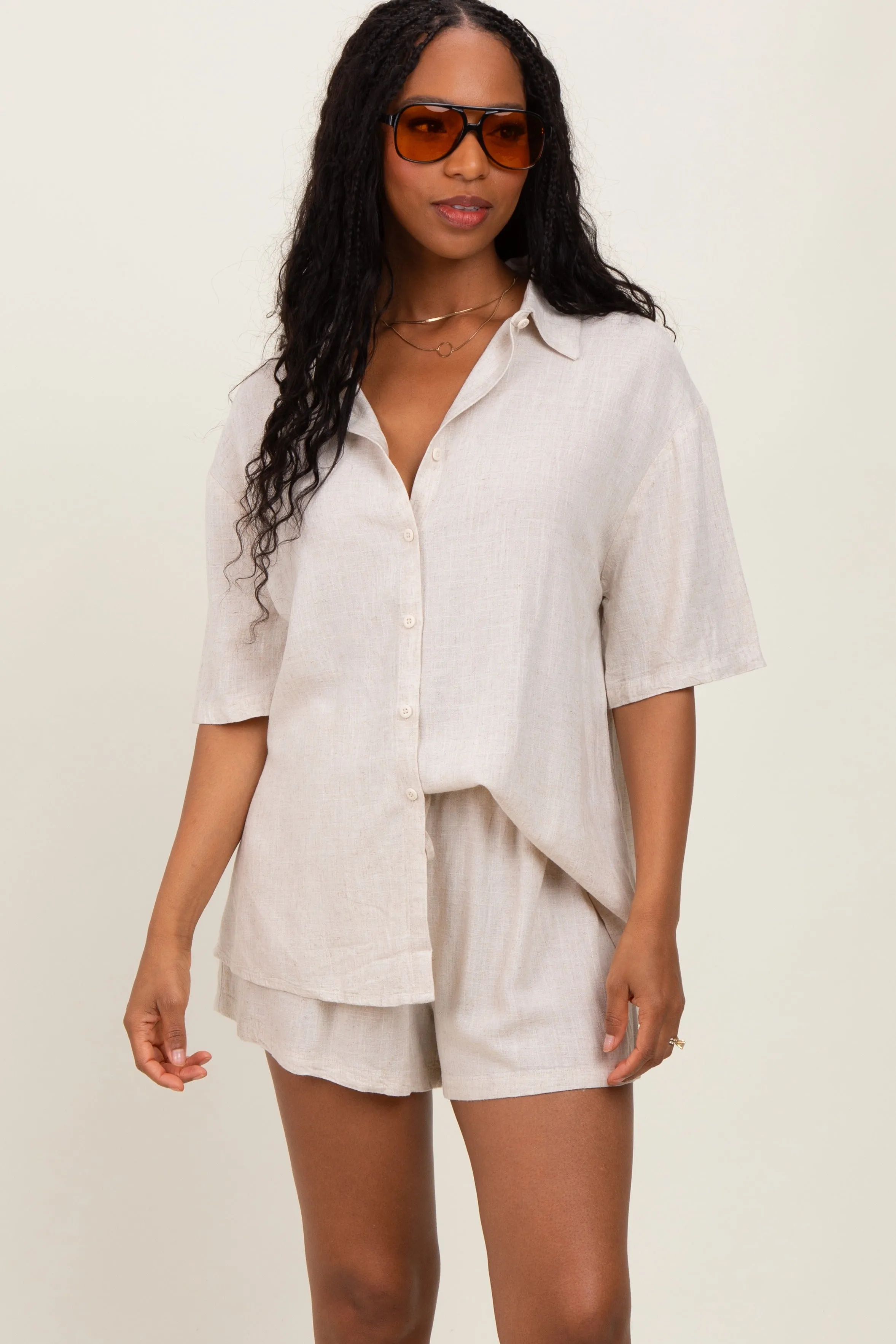 Beige Linen Blend Short Sleeve Shirt Shorts Set sold by Pinkblush product image thumbnail 2