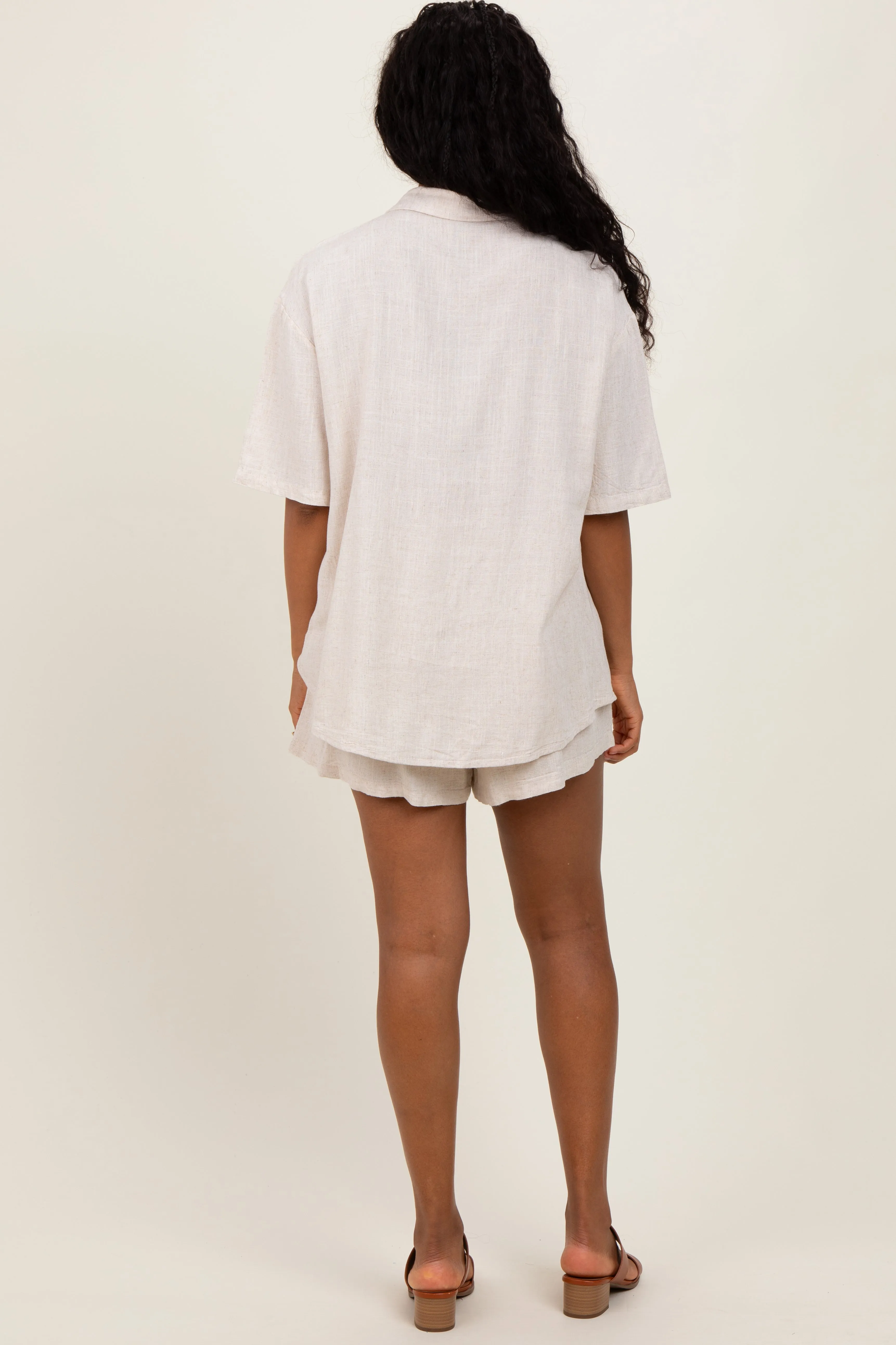 Beige Linen Blend Short Sleeve Shirt Shorts Set sold by Pinkblush product image thumbnail 4