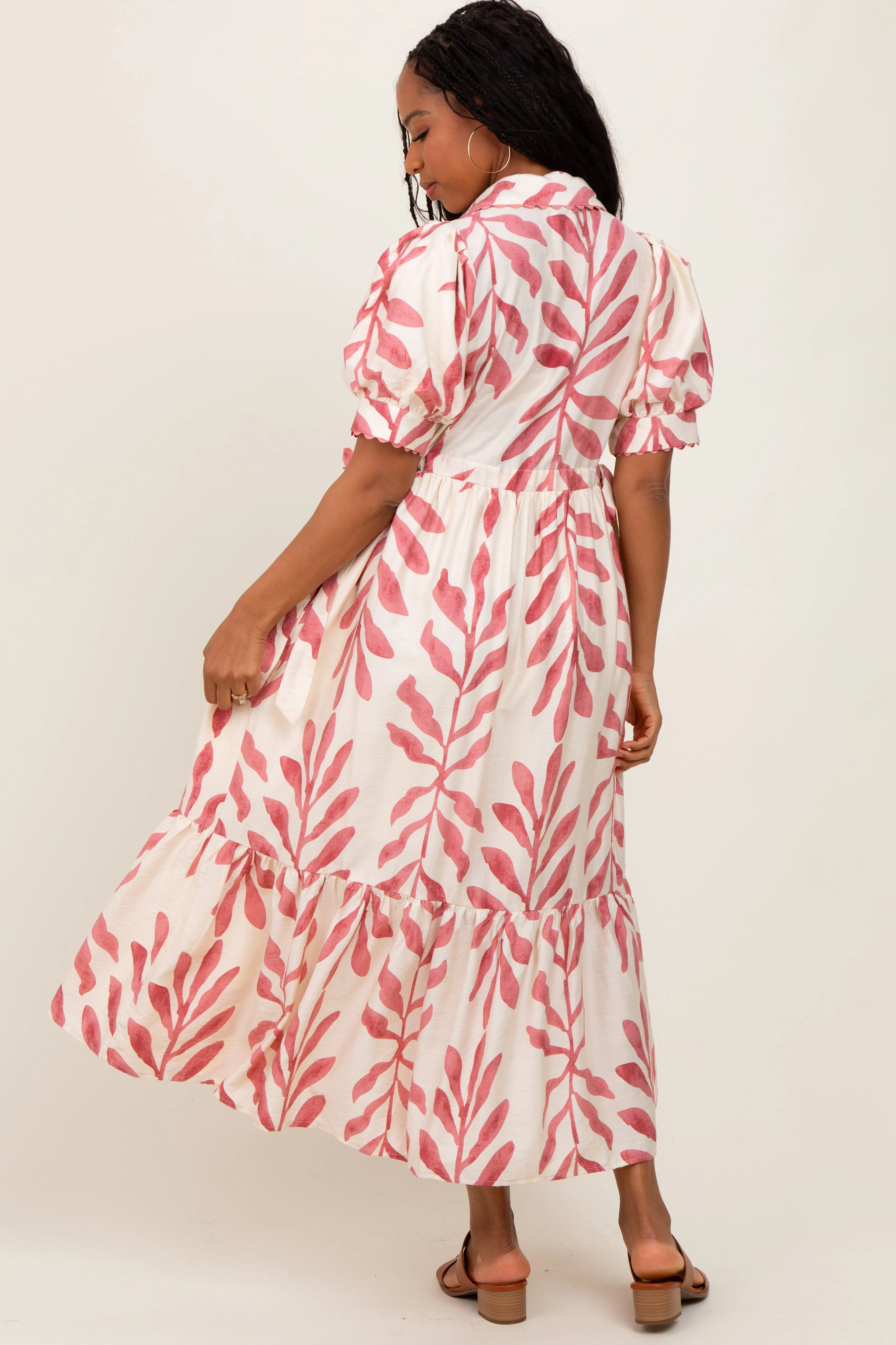 Pink Leaf Print Scallop Trim Midi Shirt Dress sold by Pinkblush product image thumbnail 3