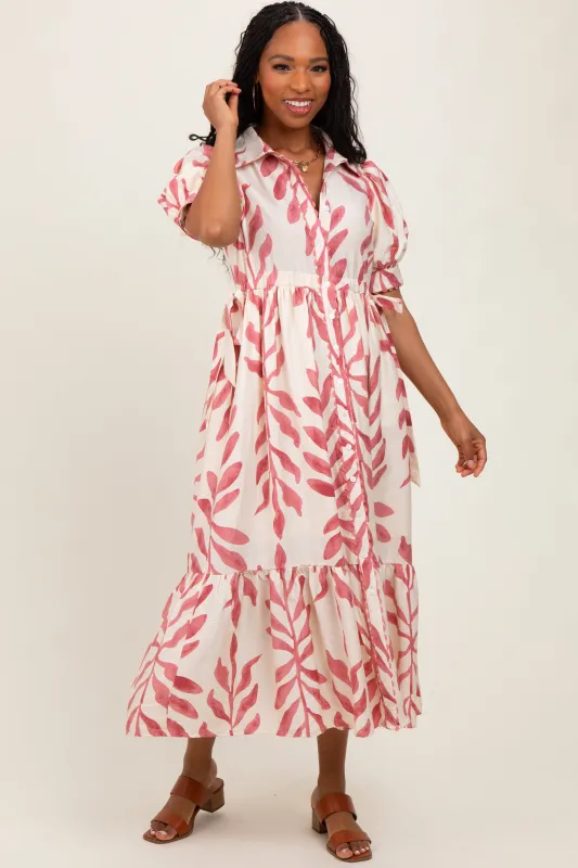 Pink Leaf Print Scallop Trim Midi Shirt Dress sold by Pinkblush
