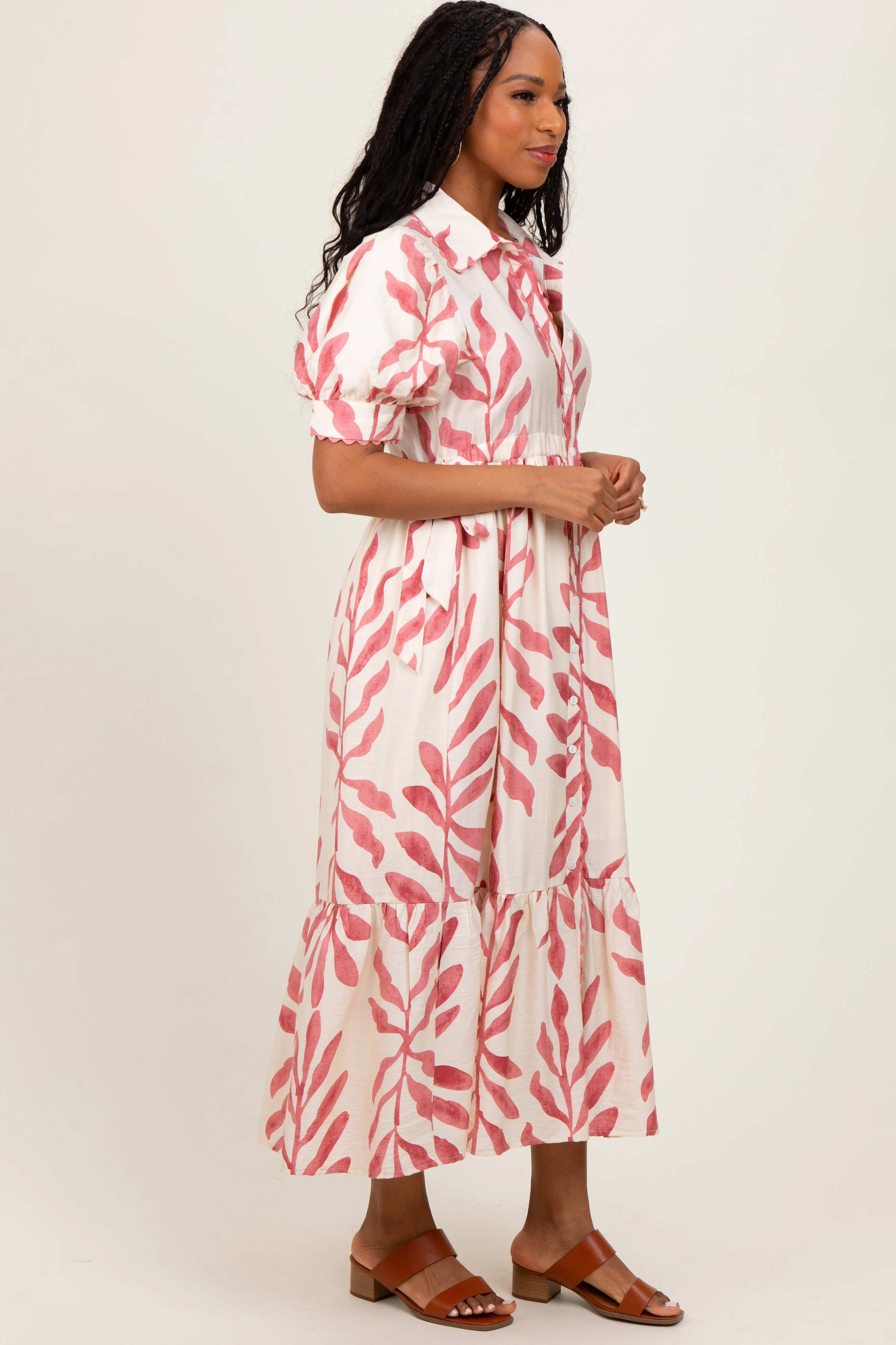Pink Leaf Print Scallop Trim Midi Shirt Dress sold by Pinkblush product image thumbnail 2