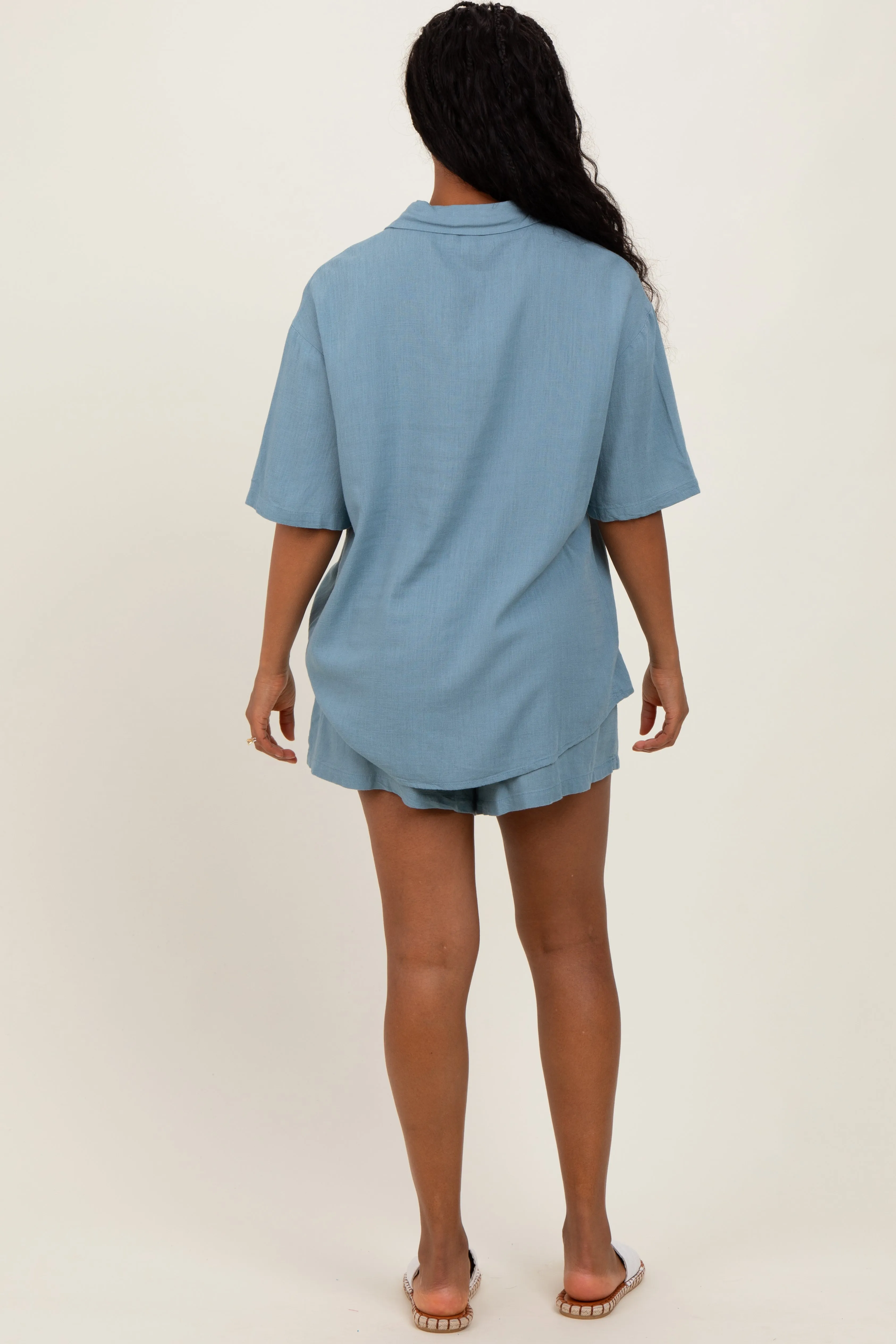 Blue Linen Blend Short Sleeve Shirt Shorts Set sold by Pinkblush product image thumbnail 4