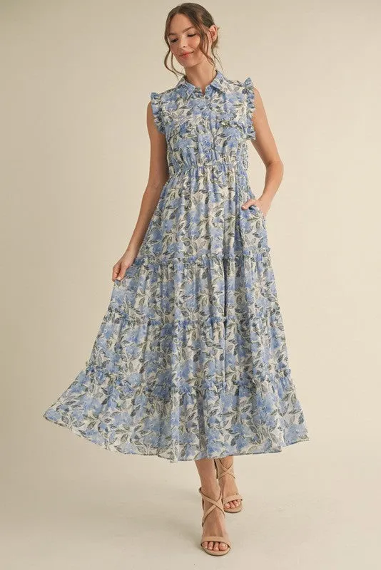 Blue Floral Print Chiffon Tiered Maternity Maxi Dress sold by Pinkblush product image thumbnail 4