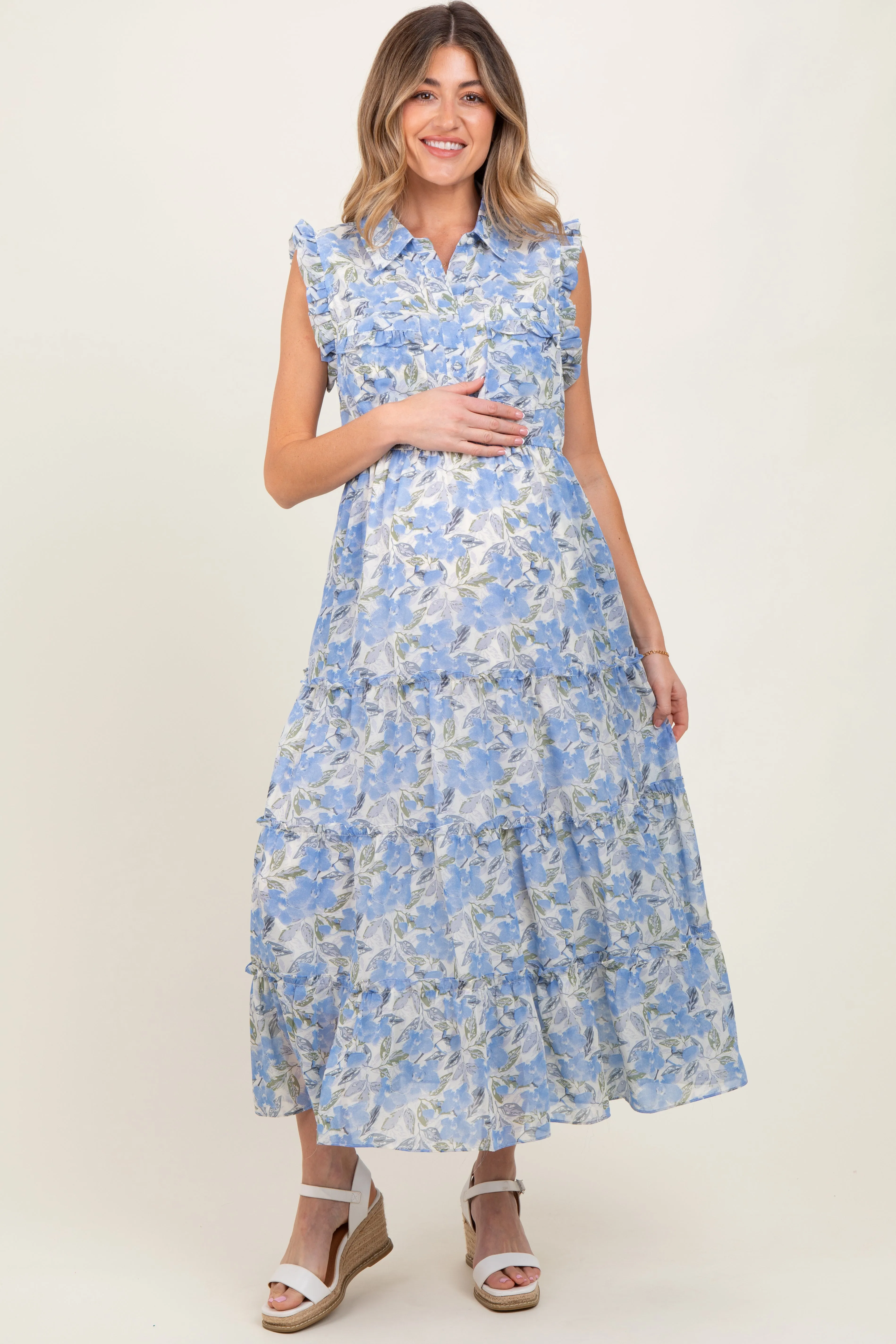 Blue Floral Print Chiffon Tiered Maternity Maxi Dress sold by Pinkblush