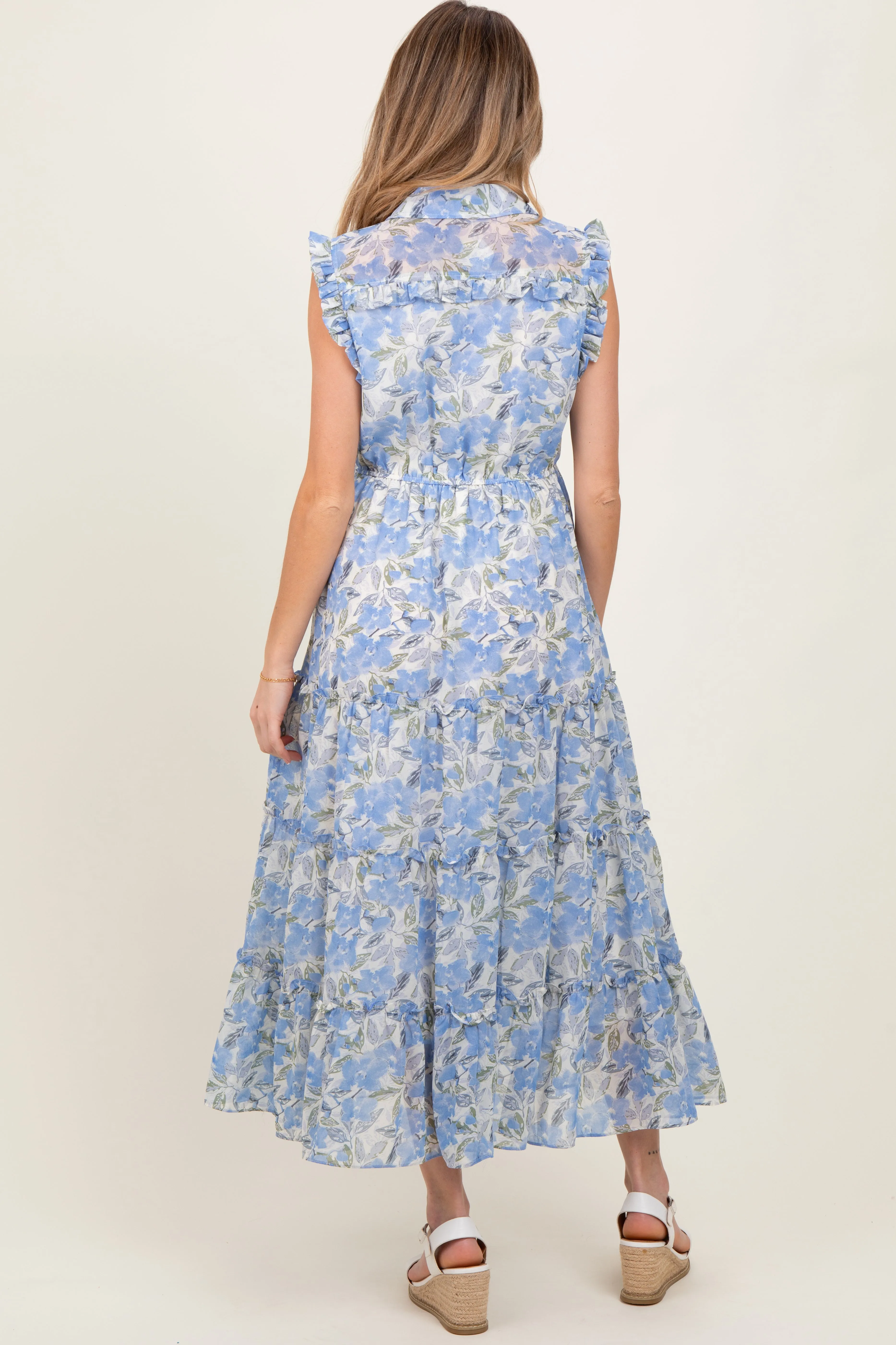 Blue Floral Print Chiffon Tiered Maternity Maxi Dress sold by Pinkblush product image thumbnail 3