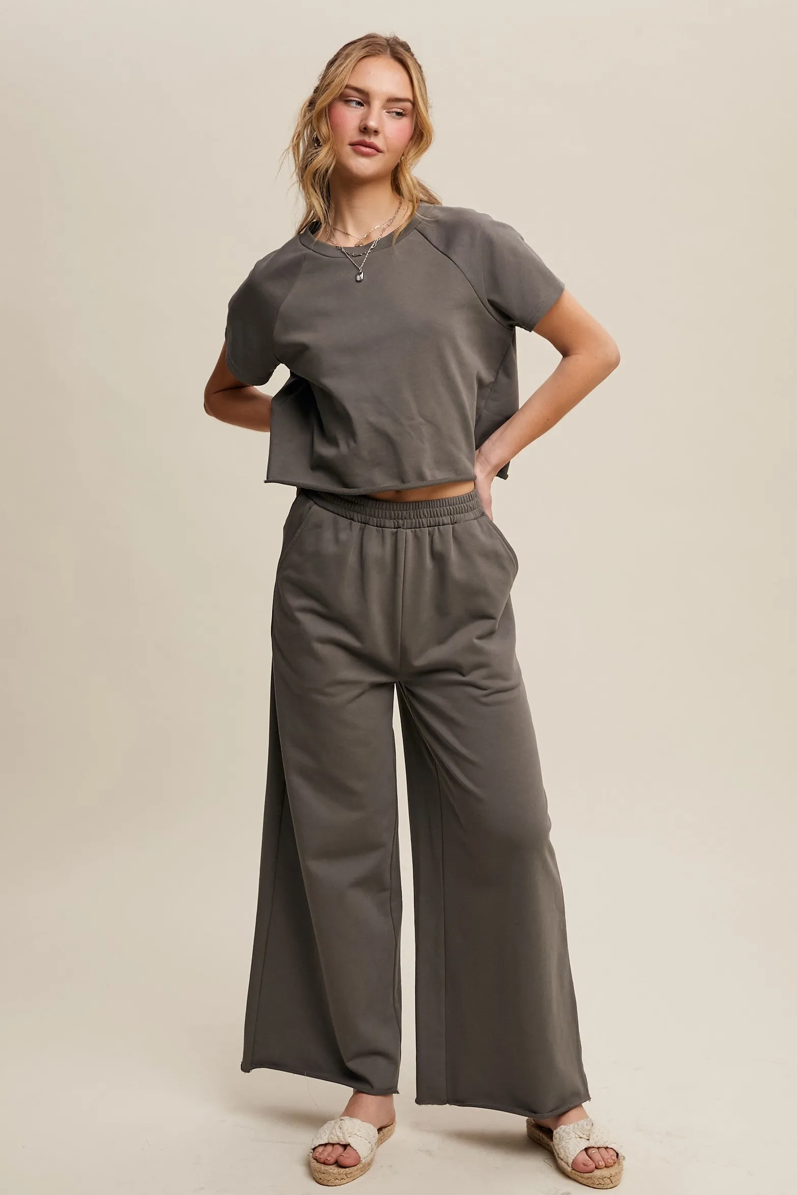 Olive Basic Tee And Wide Leg Pant Set sold by Pinkblush
