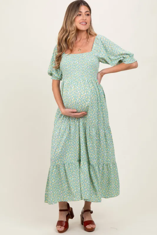 Mint Floral Smocked Tiered Maternity Maxi Dress sold by Pinkblush